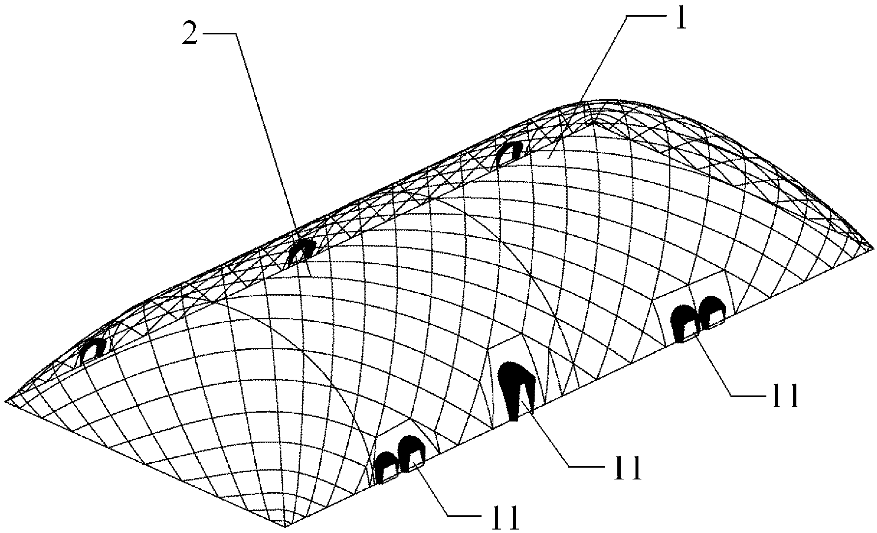 Air-inflated membrane structure with crossing cable net arranged along geodesic line