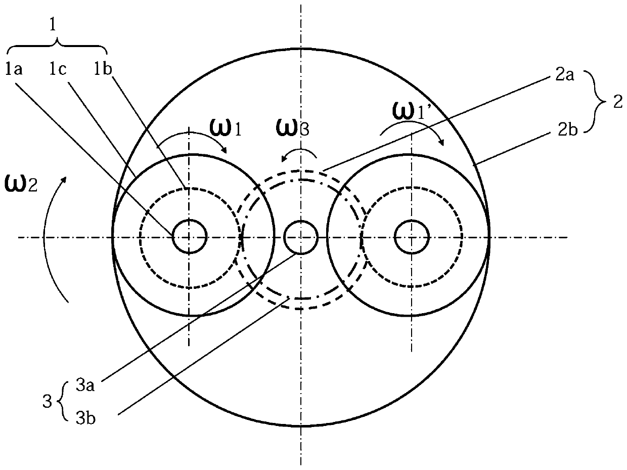 Gyrating device for transmission, transmission device with same and transmission method