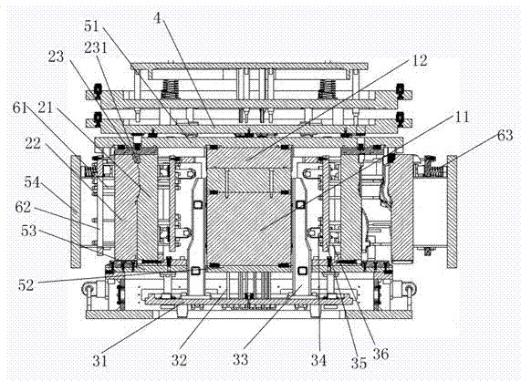 Vertical and horizontal composite core box for simultaneously preparing jacket core and oil duct core