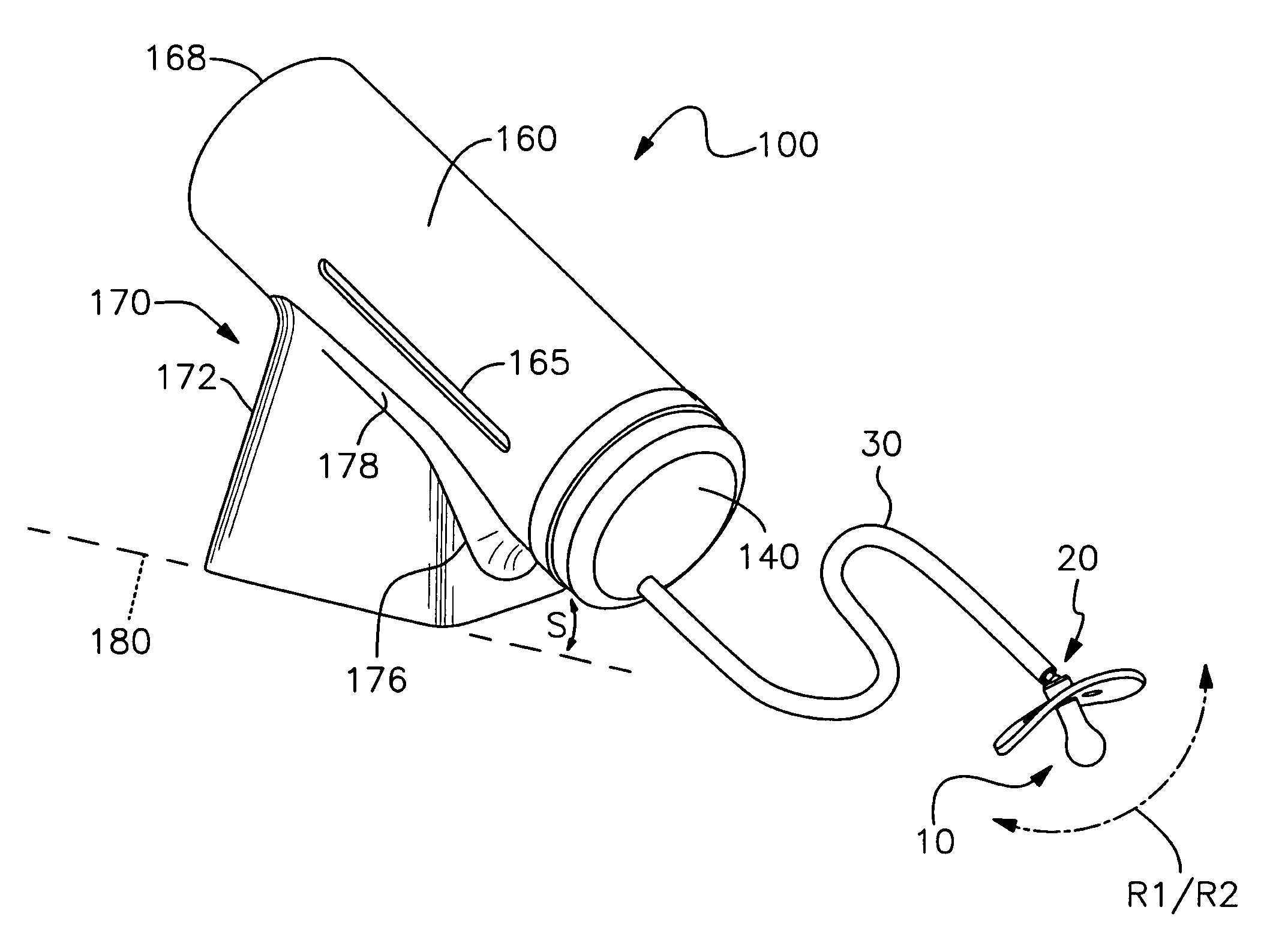 Nursing bottle with elongated tube and pivotable pacifier
