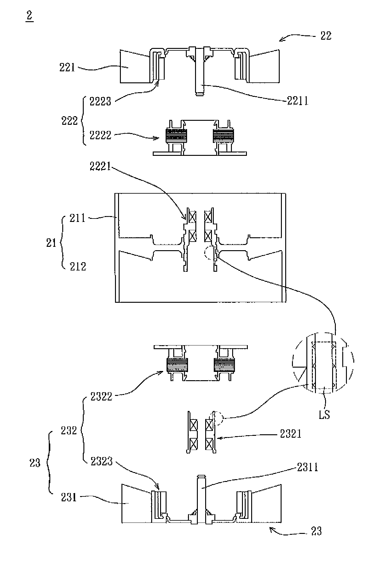 Fan with impellers coupled in series and fan frame thereof