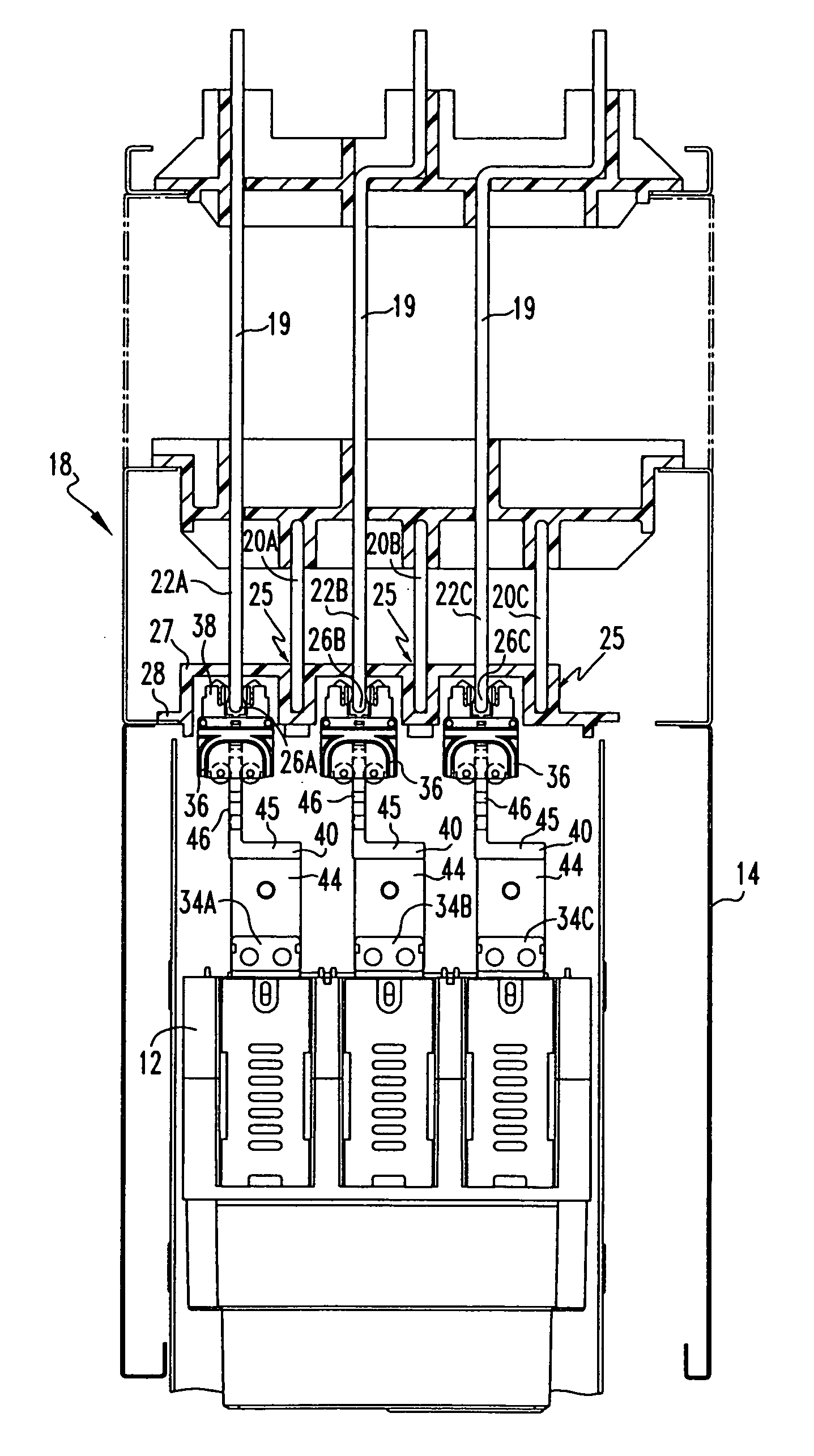 Power circuit breakers with offset vertical quick disconnect adapters to allow plugging onto a line and a load bus in different planes