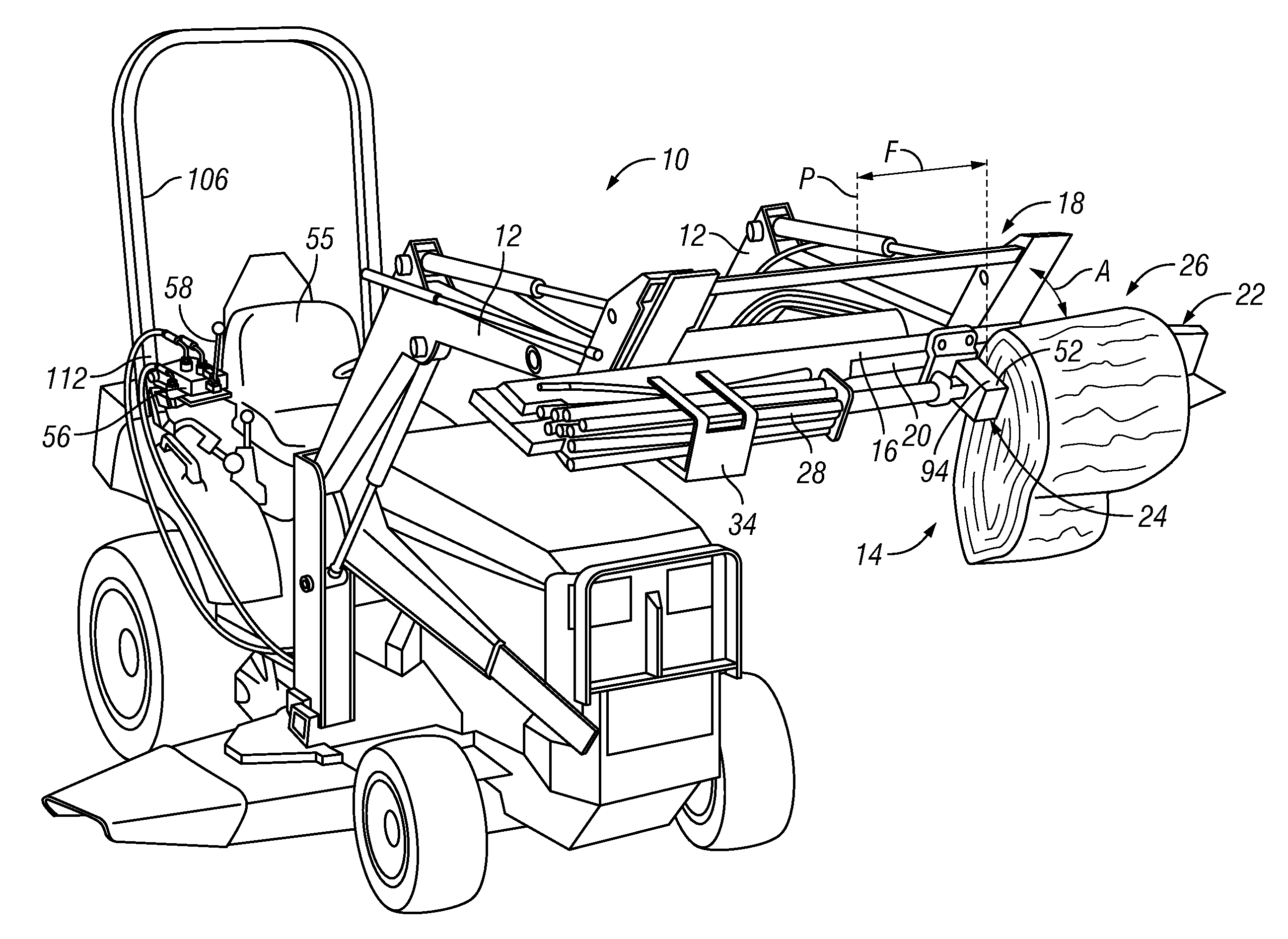 Log splitter system for a front-loader tractor
