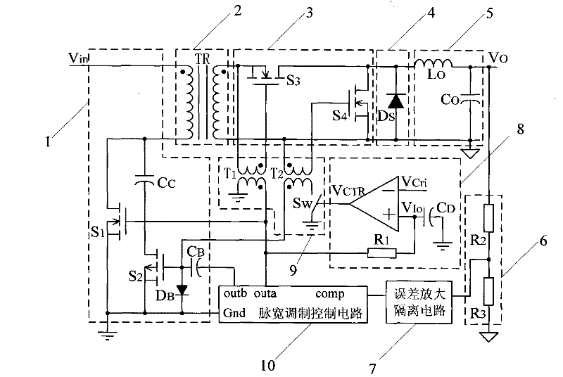 Isolated high-light load efficiency low-output voltage high-current switch power source