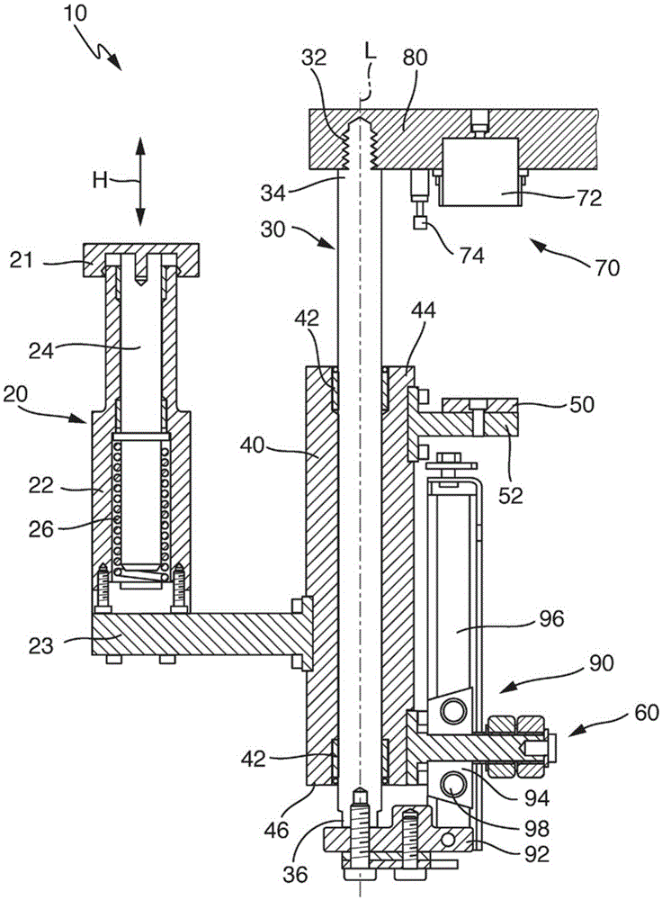 Lifting unit for lifting and lowering a container in a container treatment assembly