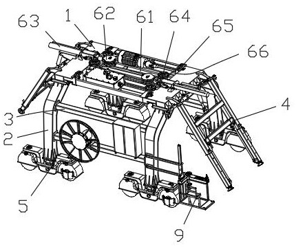 Large self-deformation rubber-tyred rail construction vehicle