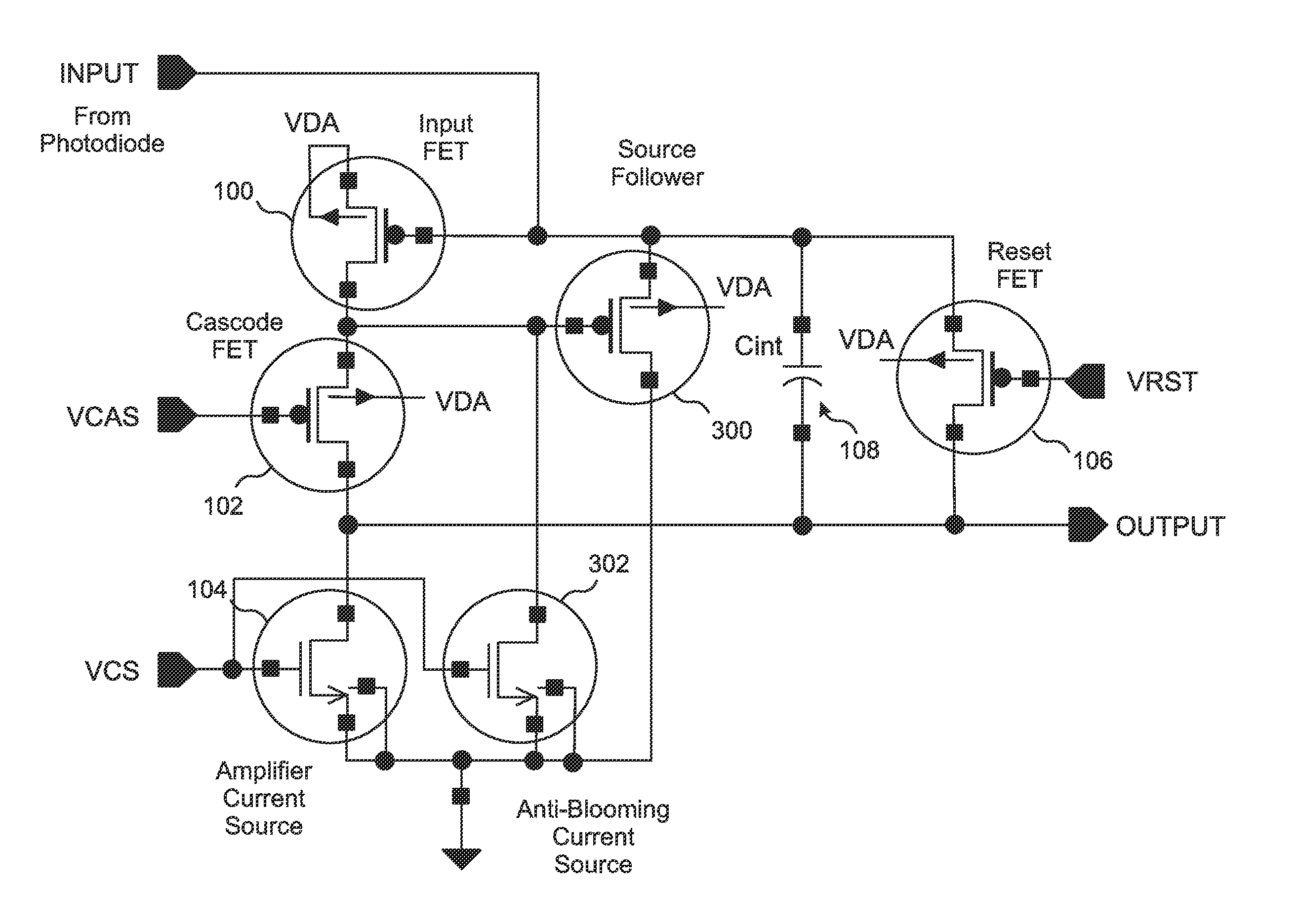 Anti-blooming circuit for integrating photodiode pre-amplifiers