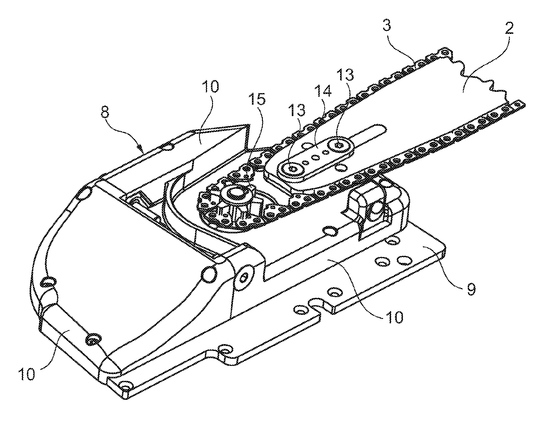 Quick-action chain tensioning device for a chainsaw, and such mechanism and method