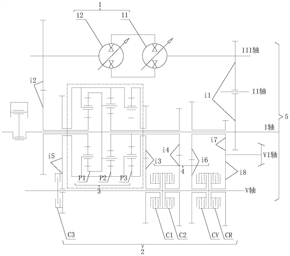 Three-planet-row three-section type hydraulic mechanical continuously variable transmission of high-power tractor