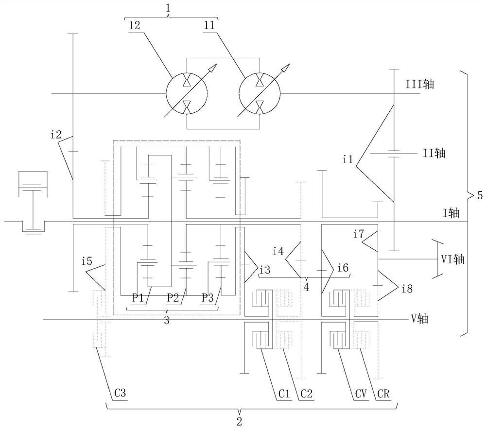 Three-planet-row three-section type hydraulic mechanical continuously variable transmission of high-power tractor