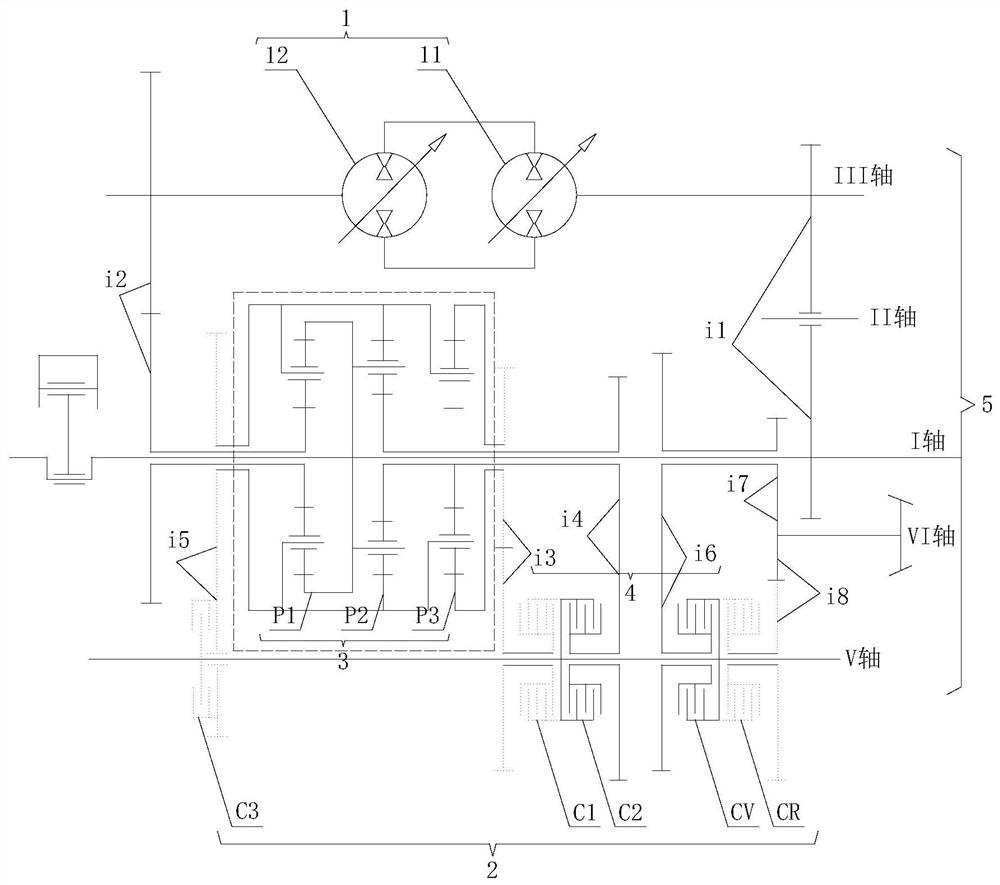 Three-planet-row three-section type hydraulic mechanical continuously variable transmission of high-power tractor