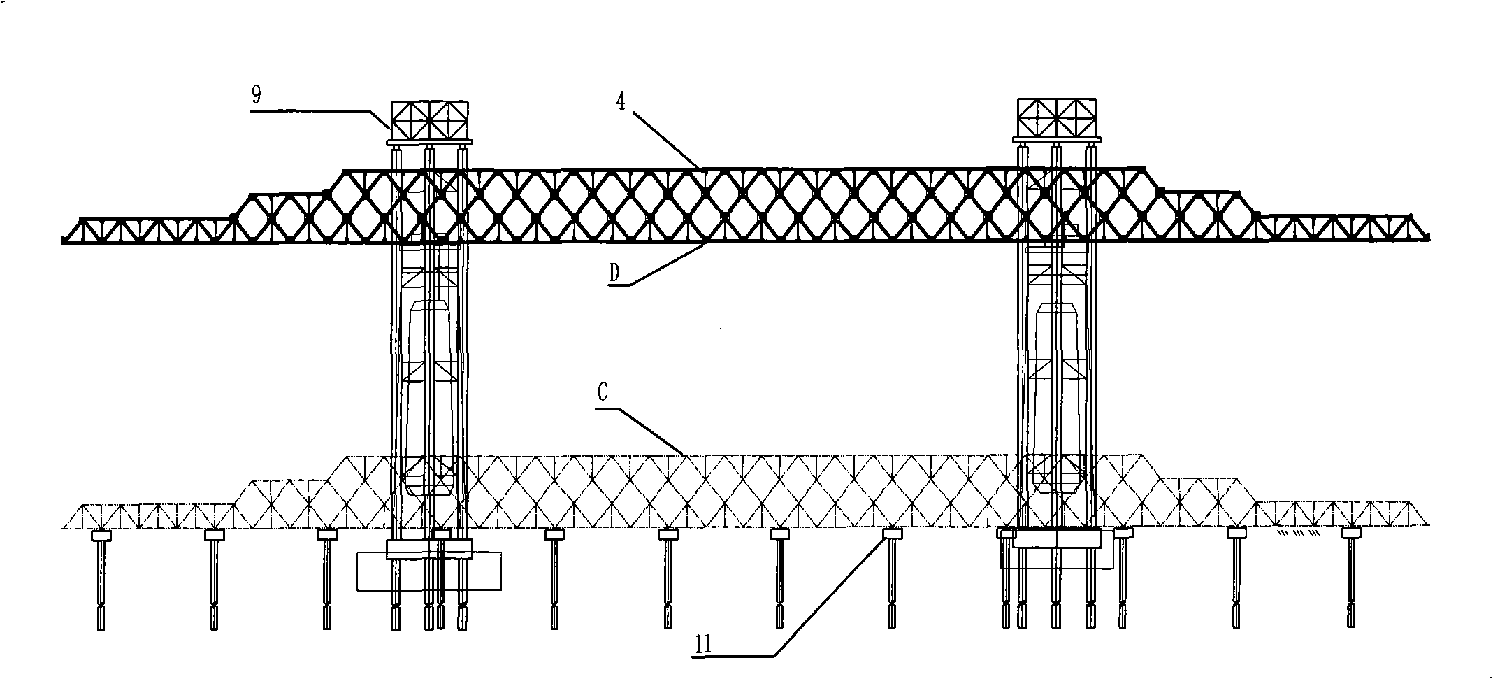 Double line box girder downward mobile formwork bridge fabrication machine and construction method thereof