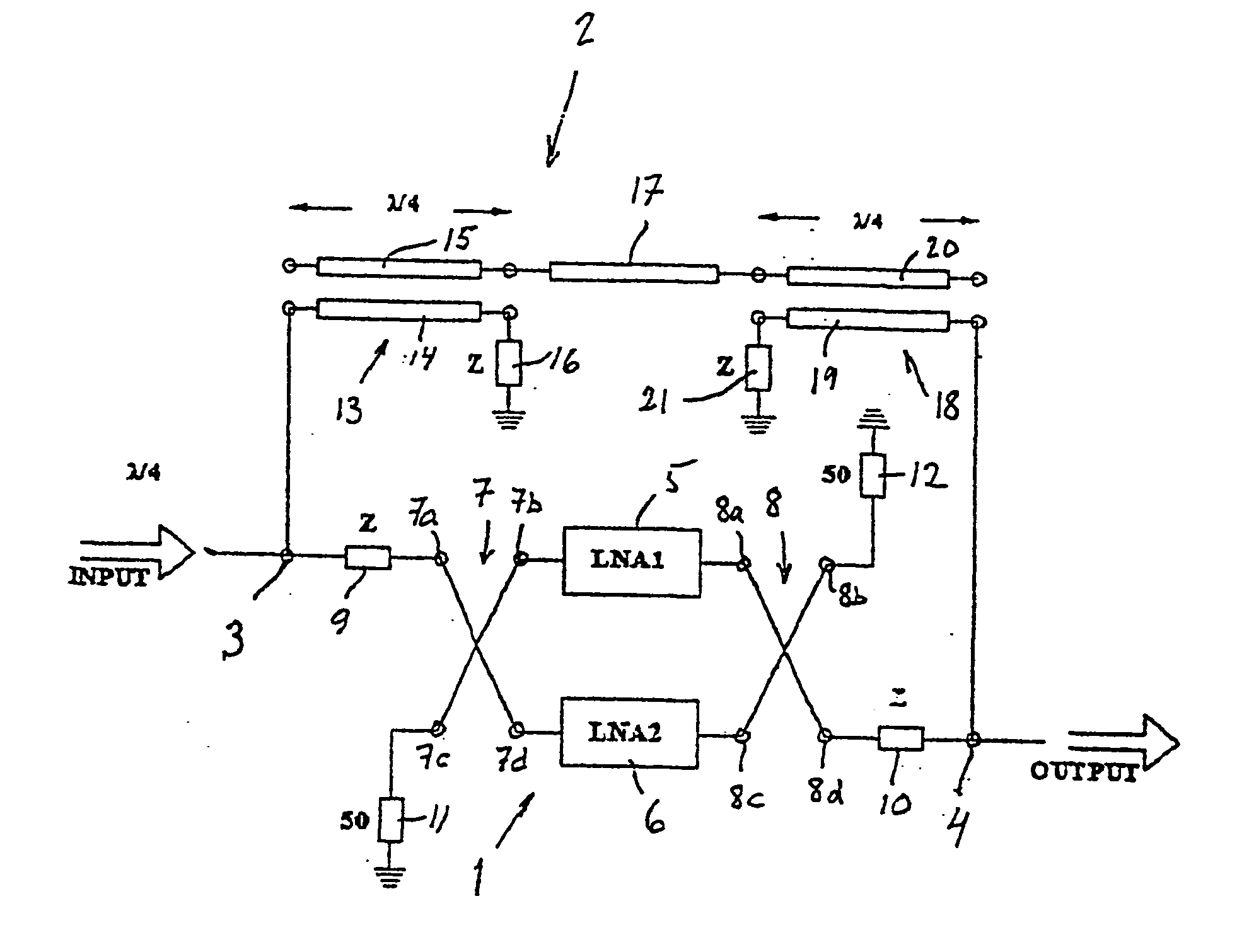 Microwave amplifier with bypass segment