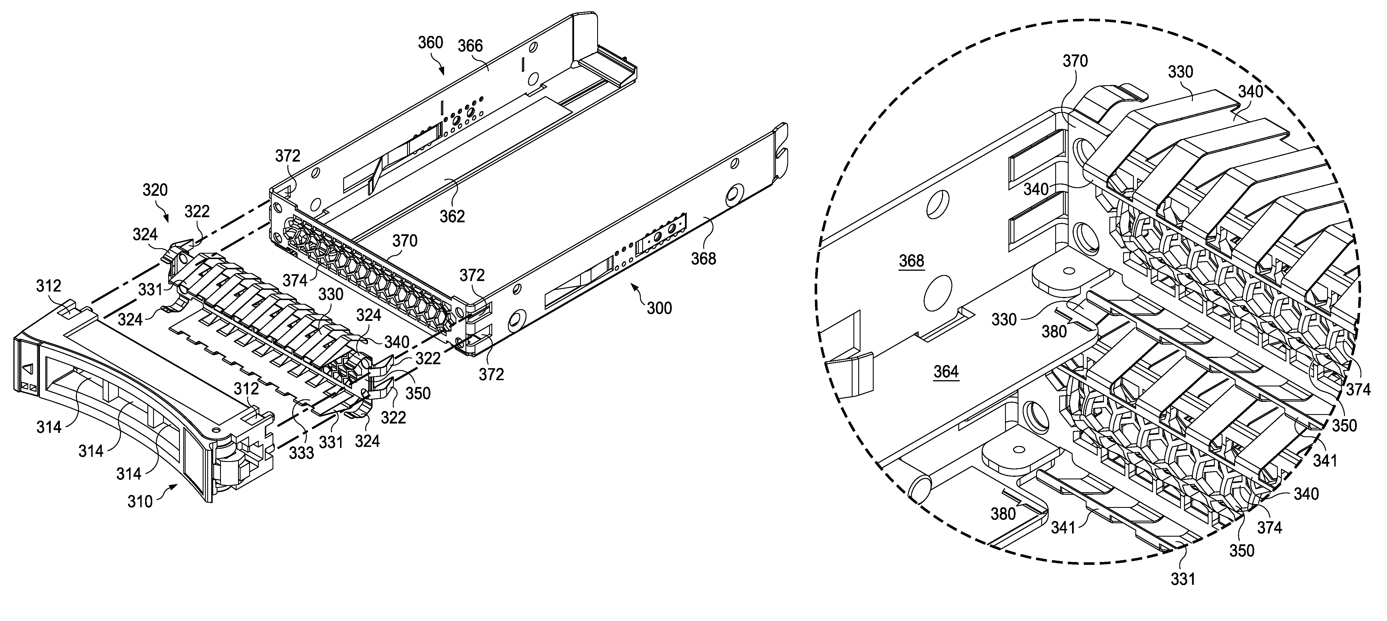 Compact HDD carrier mechanism featuring self actuating EMC springs to prevent HDD component shorting
