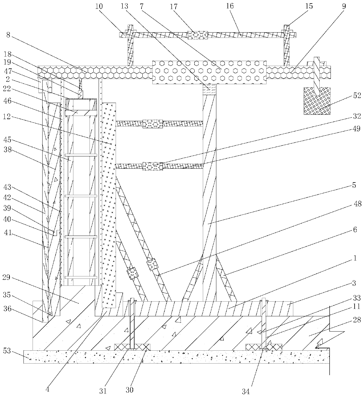 Construction method of arc-shaped outer wall of basement based on one-sided support formwork of stereotyped support