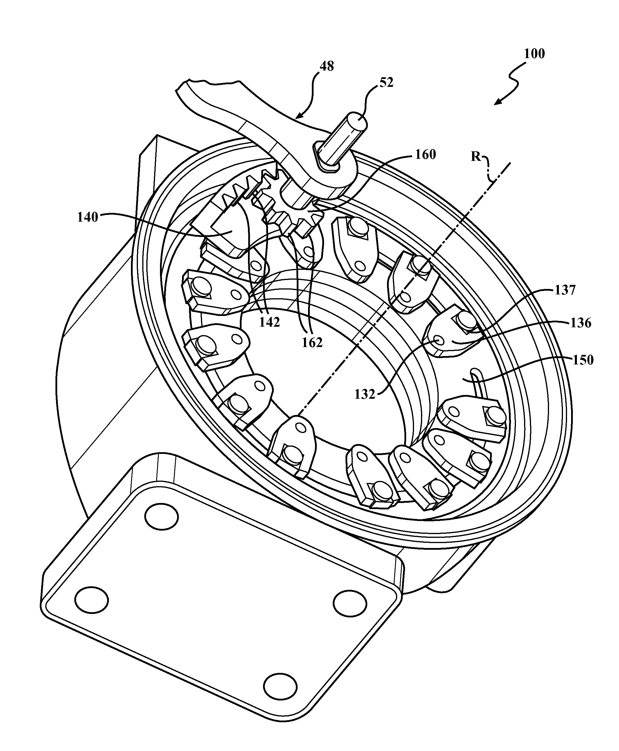Actuating mechanism and gear driven adjustment ring for a variable geometry turbocharger