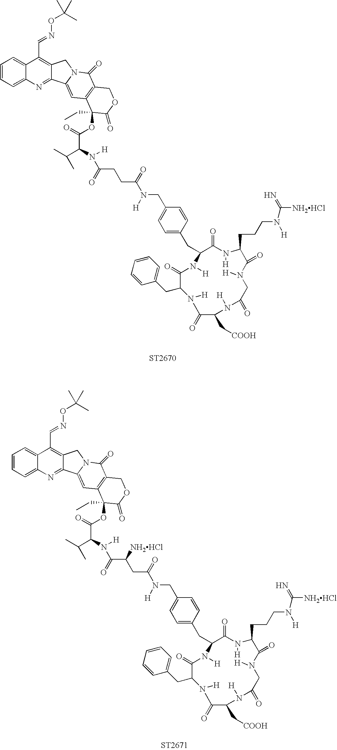 7-t-butoxyiminomethylcamptothecin conjugated in position 20 with integrin antagonists