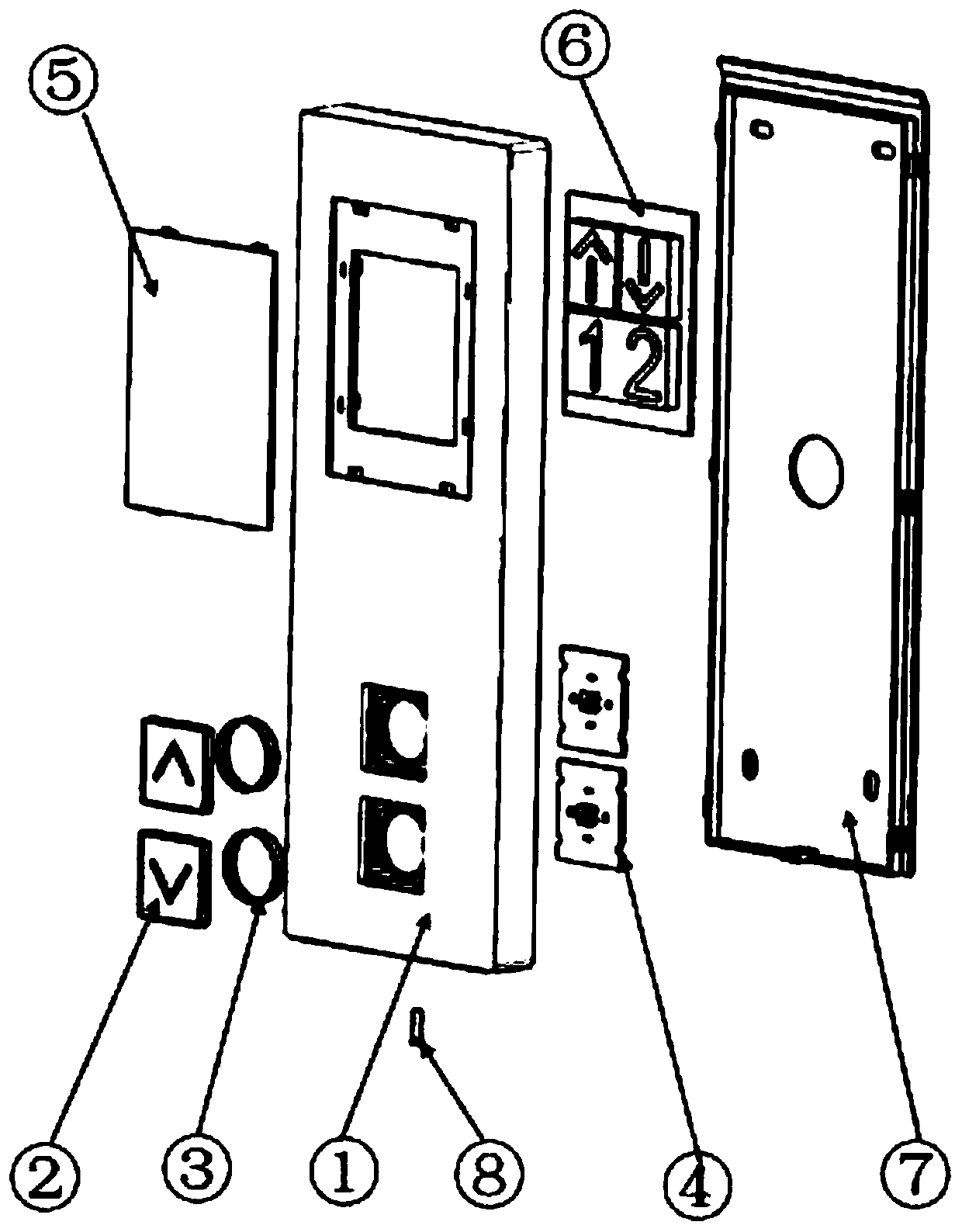 Hall call device achieving integrated assembly of button shell body and buckles