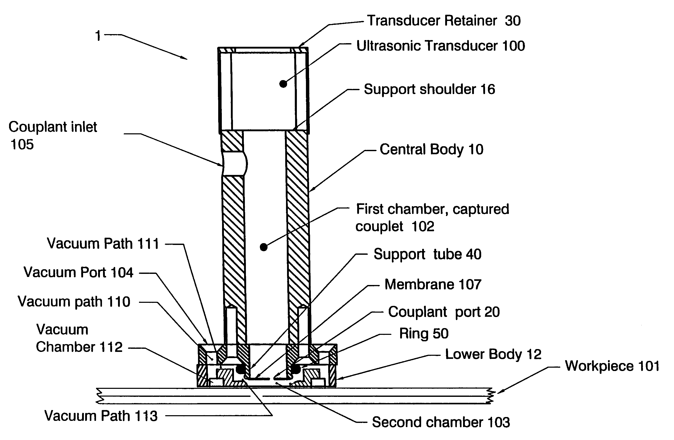Rigid-contact dripless bubbler (RCDB) apparatus for acoustic inspection of a workpiece in arbitrary scanning orientations