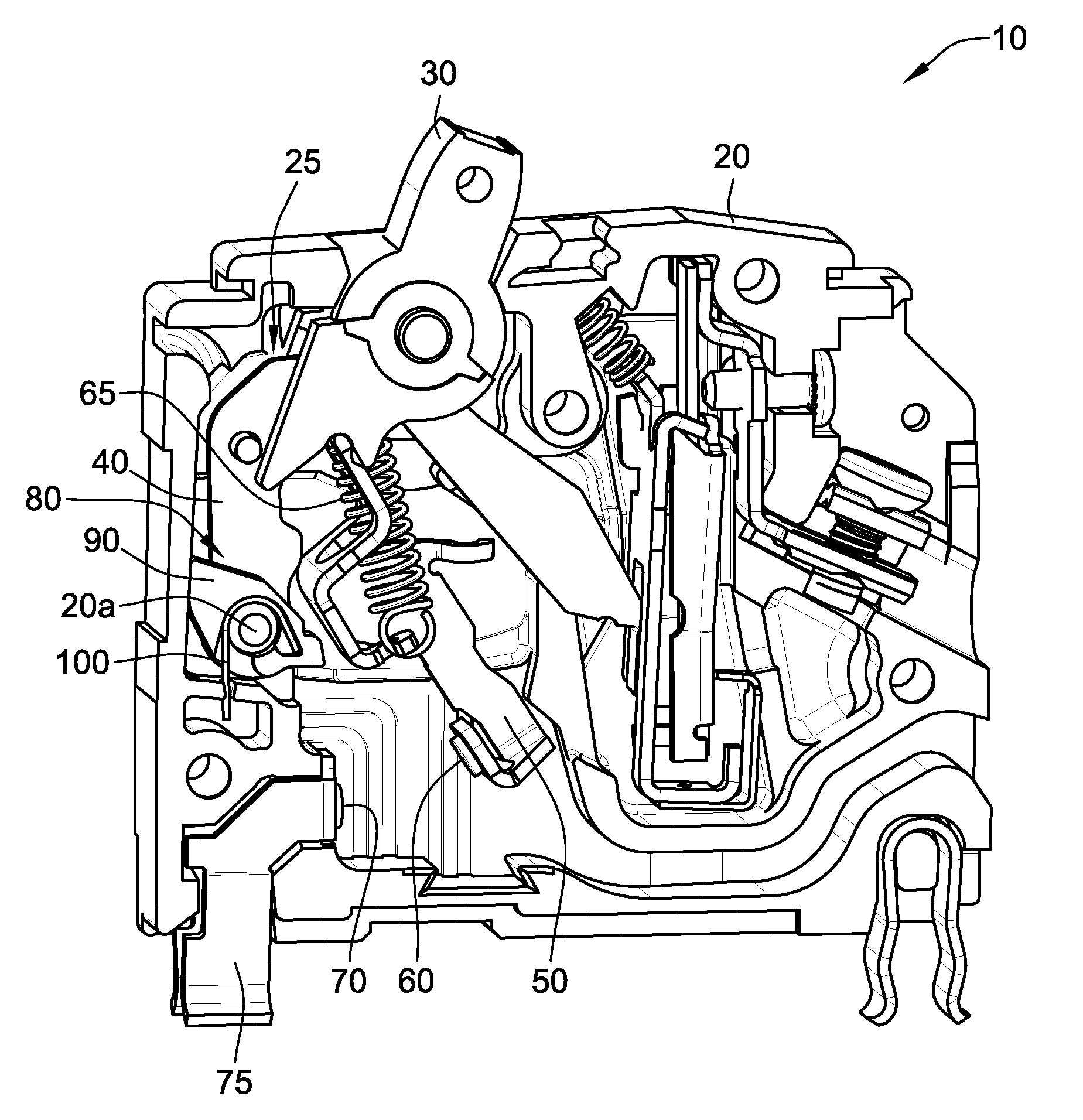 Moveable contact closing energy transfer system for miniature circuit breakers