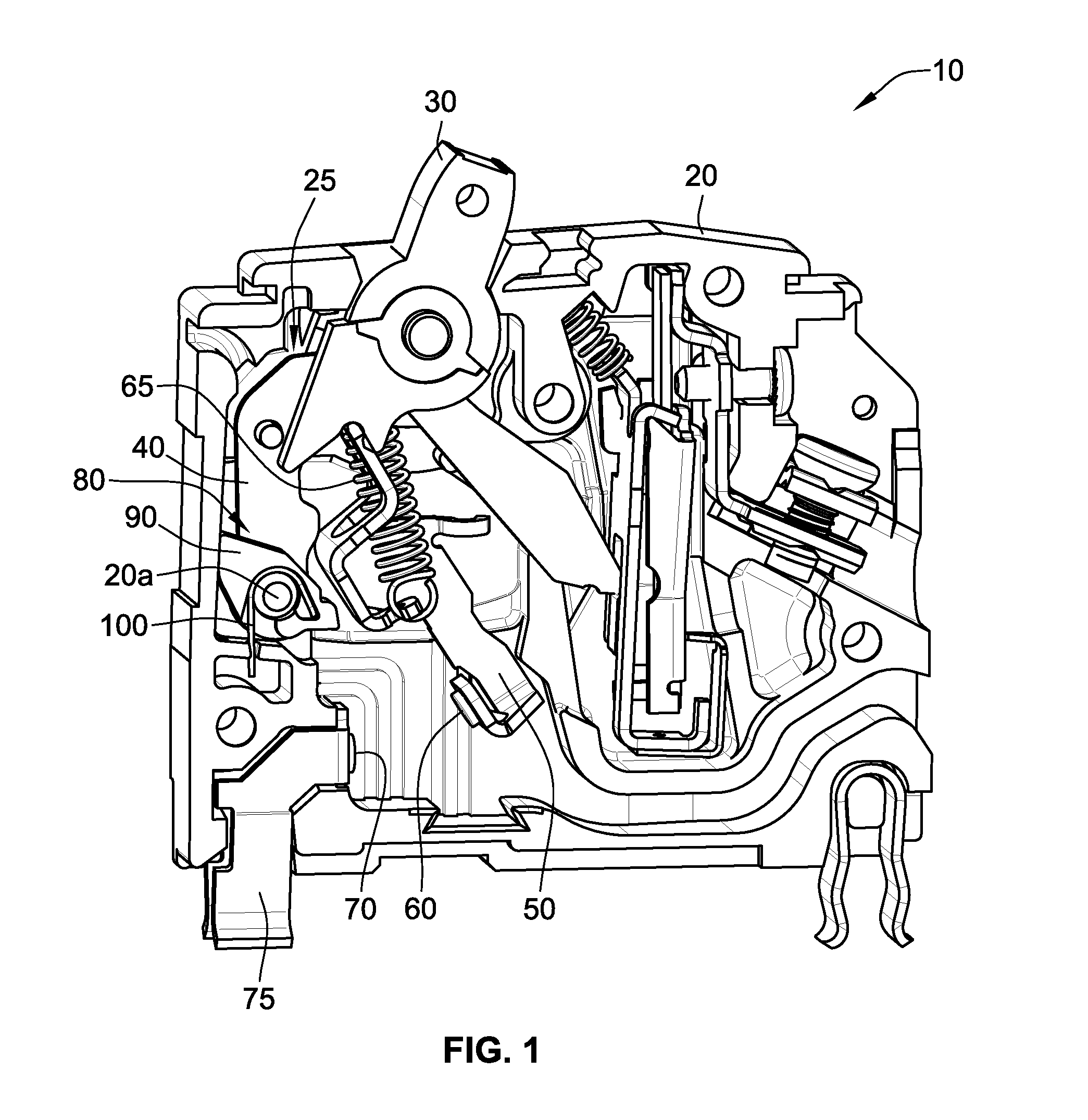 Moveable contact closing energy transfer system for miniature circuit breakers