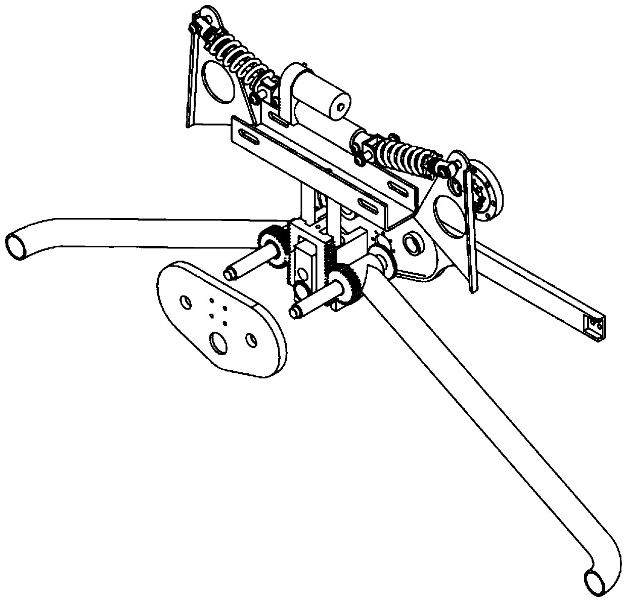 A rocker-type suspension mechanism that is fixedly connected to a traveling box through three points