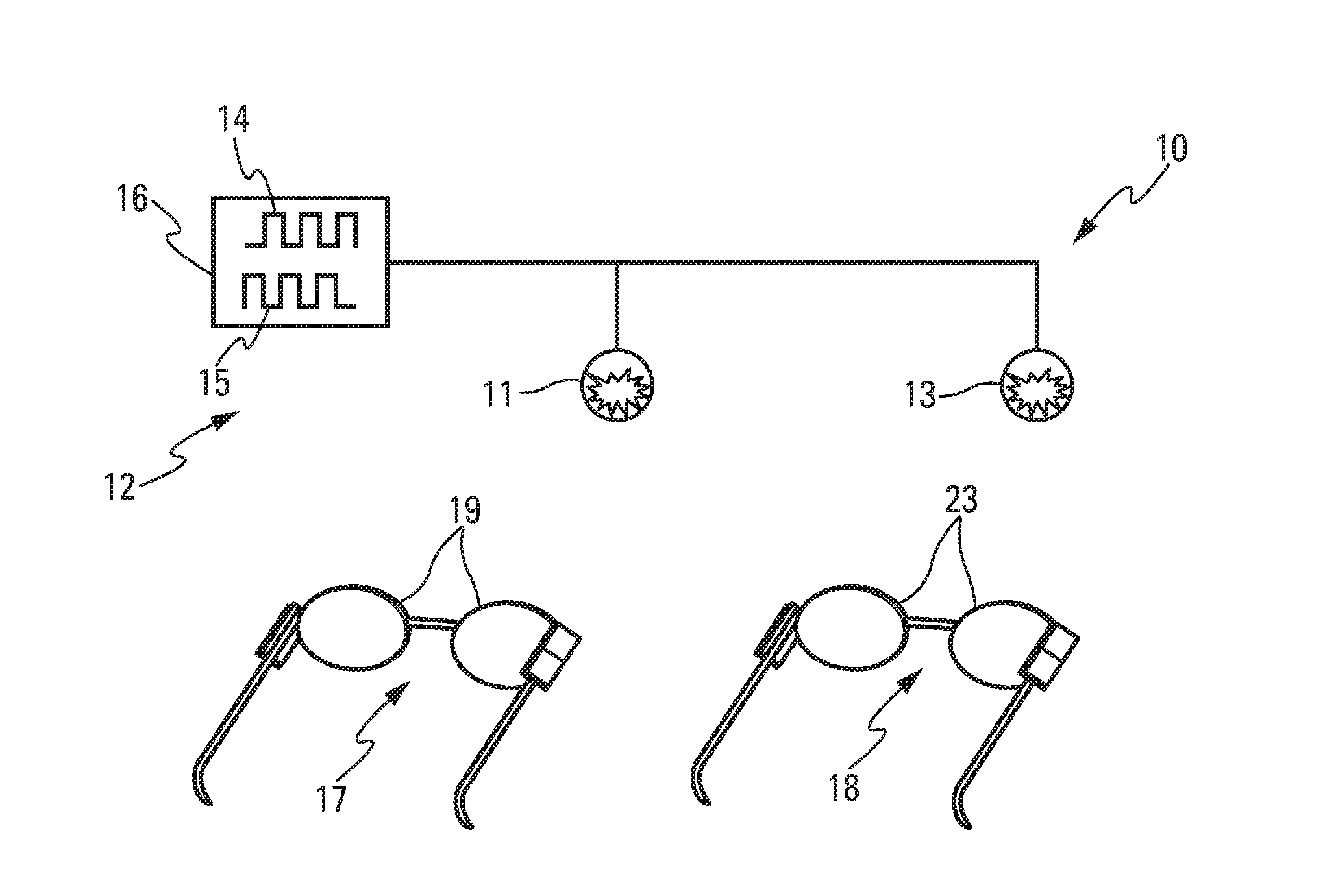 Differentiated viewing device provided with active spectacles