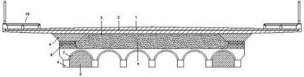 Two-way curved arch bridge floor broadening and reinforcing process method