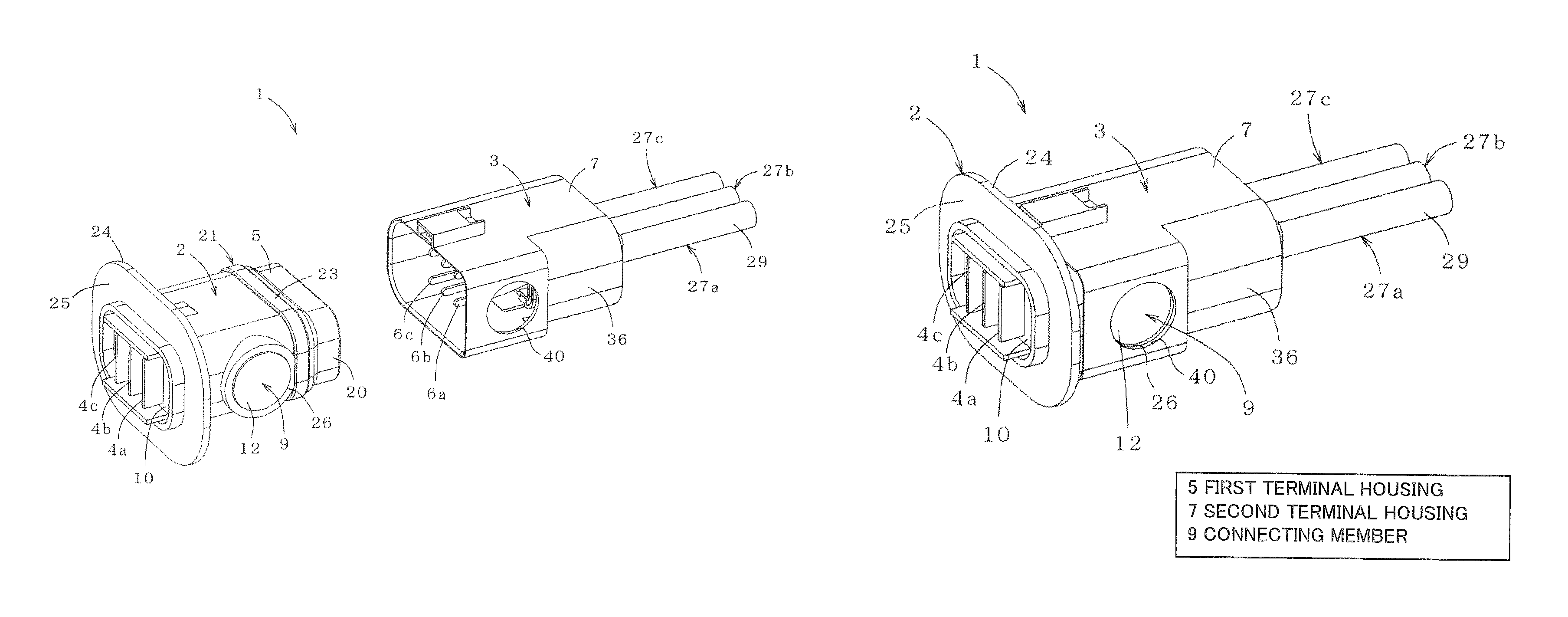 Connector with a connecting member with a screw portion penetrating the insulators and terminals of two mating terminal housings