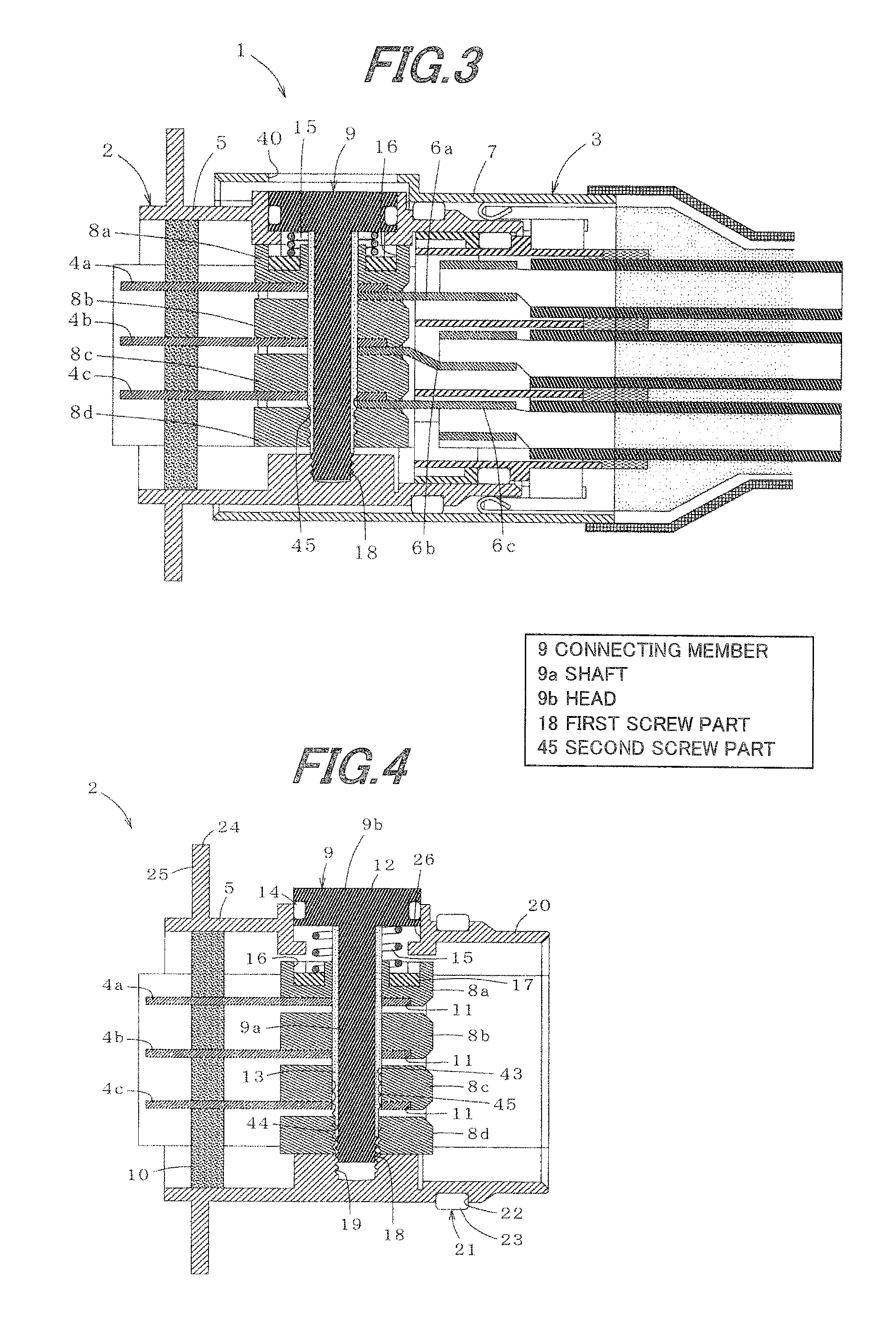 Connector with a connecting member with a screw portion penetrating the insulators and terminals of two mating terminal housings