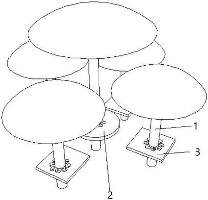 Tree-surrounding tables and chairs, green gazebo and construction method thereof