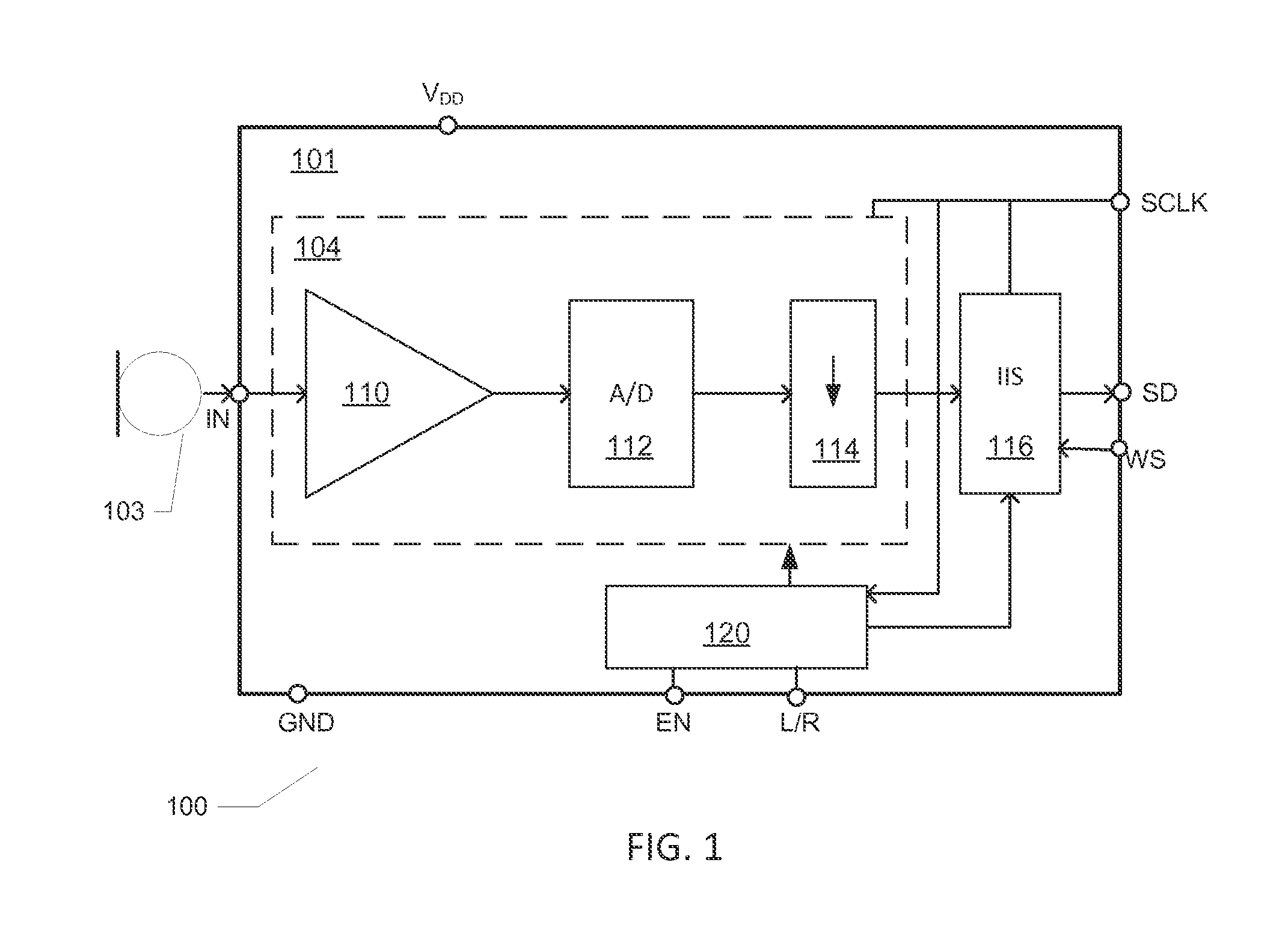 Integrated audio amplification circuit with multi-functional external terminals
