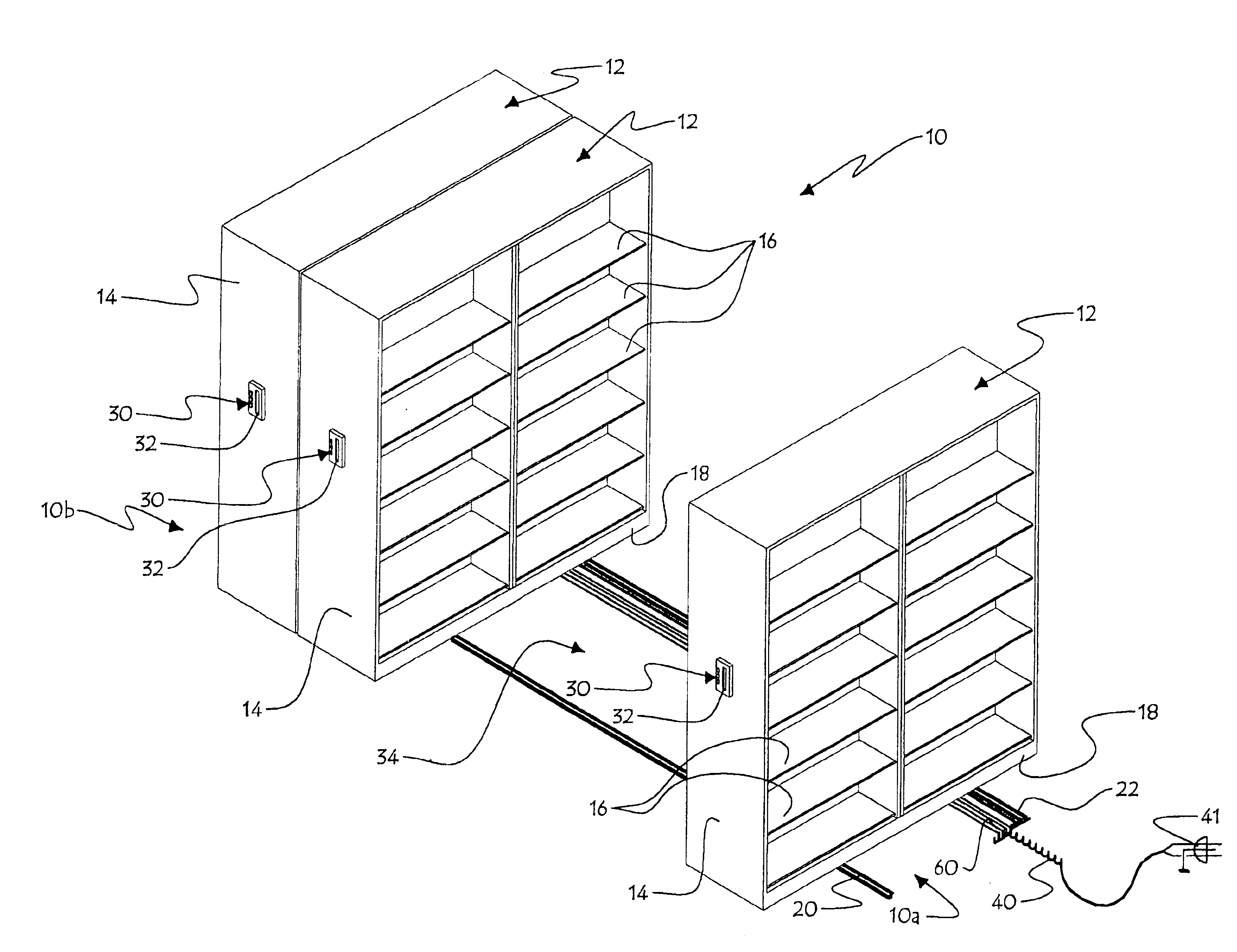 Ground embedded wire tracks for a shelving system having mobile shelf units