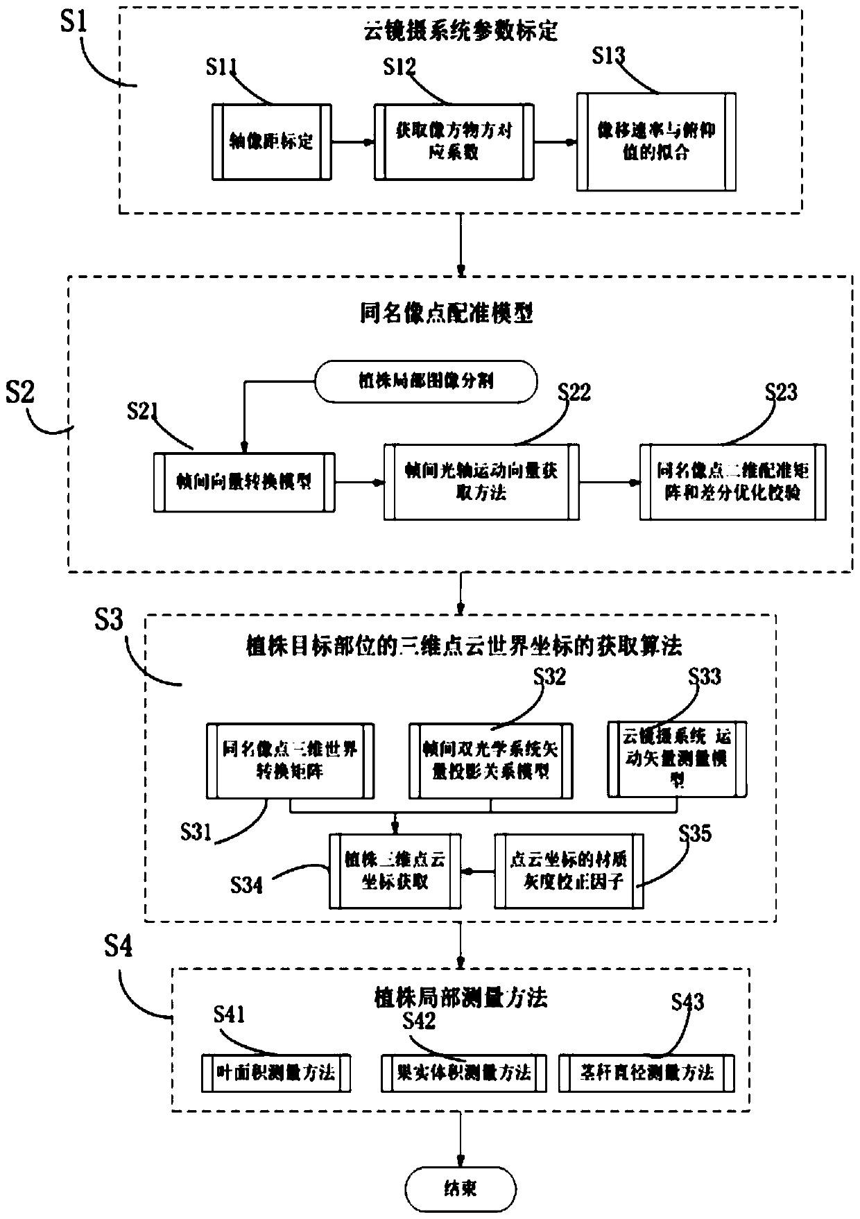 Plant three-dimensional measurement method and system based on cloud mirror photography system parameters and video frames