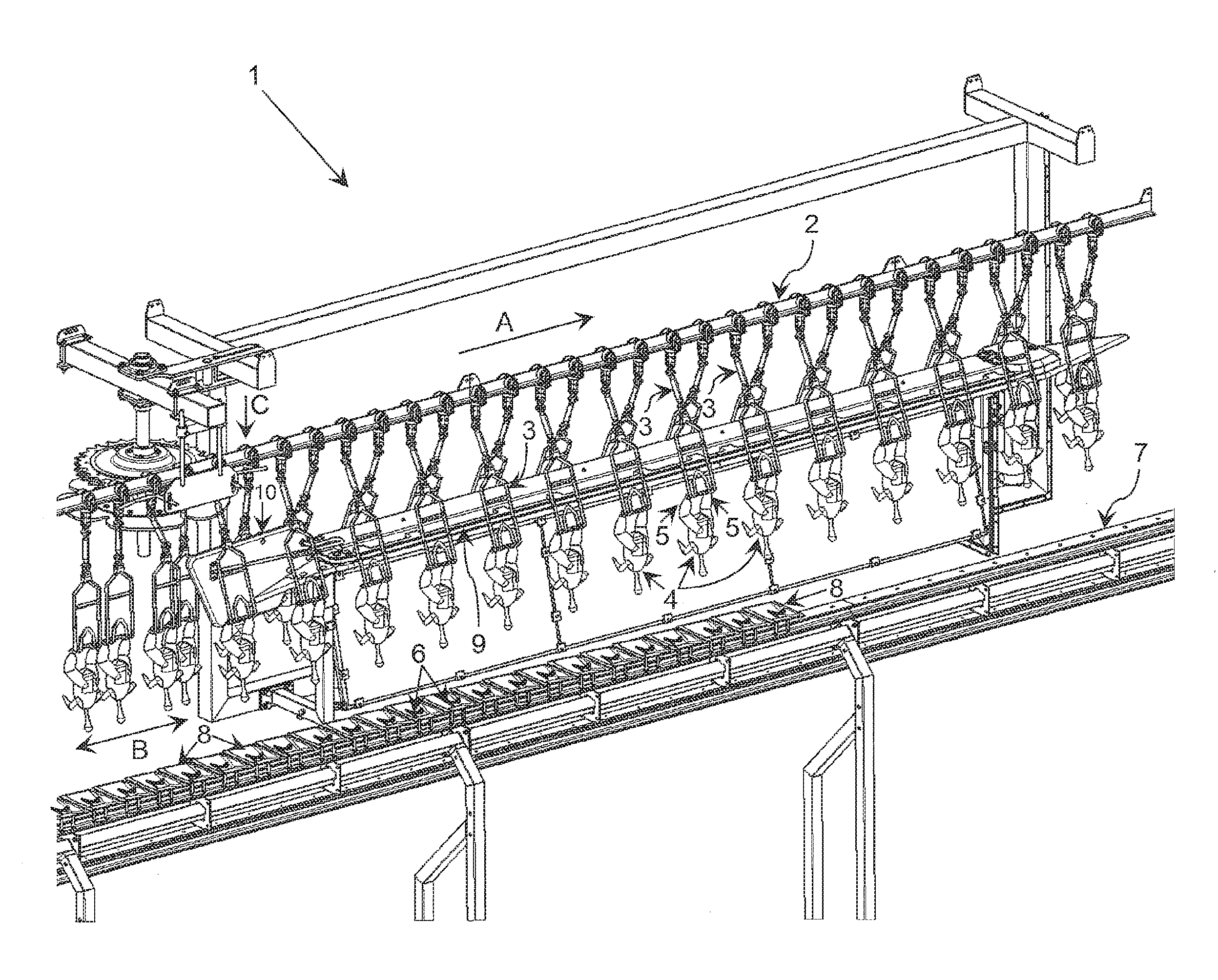 Processing and/or inspection line for poultry suspended by the legs