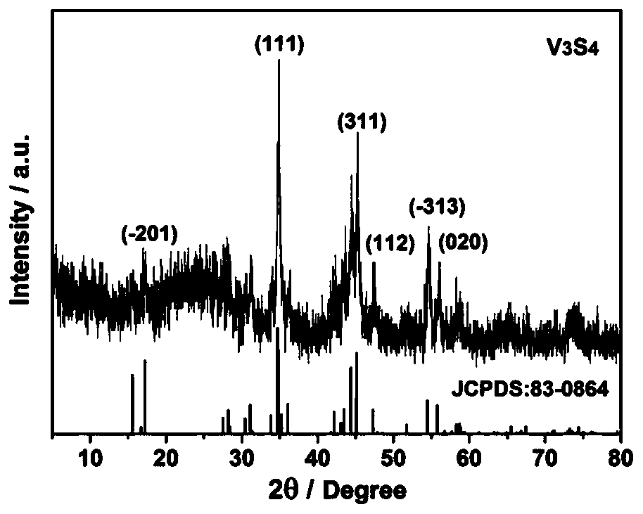 Flexible vanadium tetrasulfide-carbon composite anode material and preparation method and application thereof