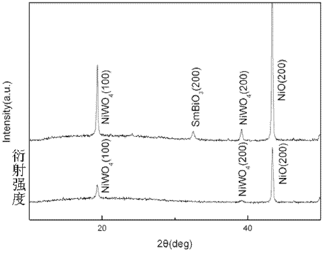 Method for preparing NiO/SmBiO3 composite buffer layer thin film of high-temperature super-conduction coating conductor on biaxially-textured NiW alloy substrate