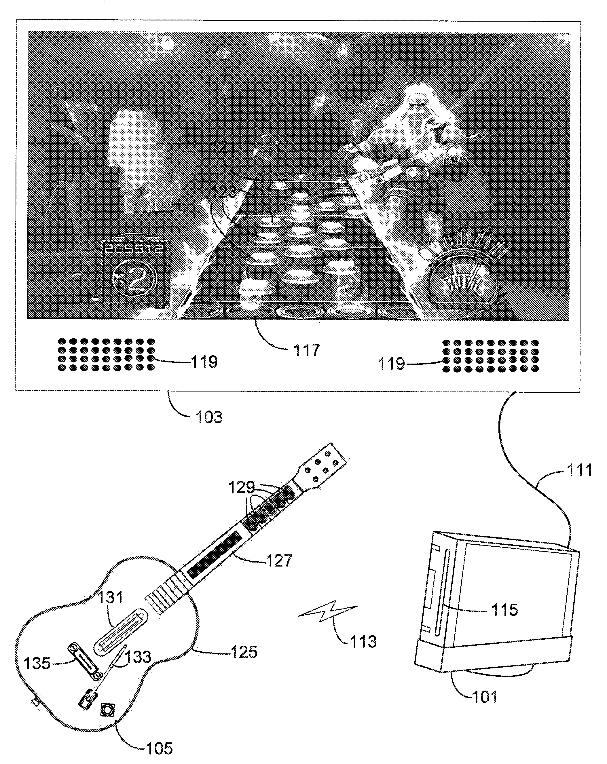 Music video game with guitar controller having auxiliary palm input