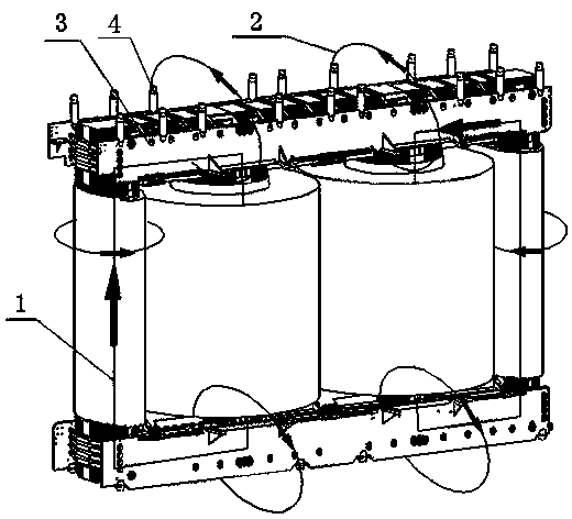 External circulation bypass structure between converter transformer core pulling plate columns