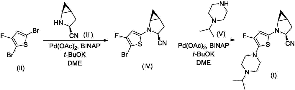 Isopropylpiperazine fluorothiophene bicyclic nitrile compound, preparation method and application thereof