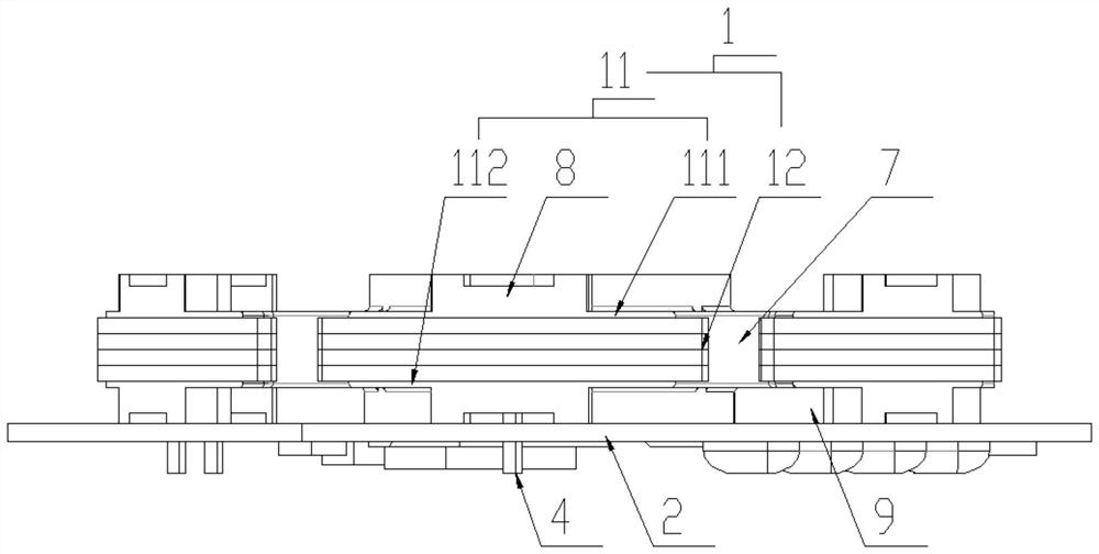 Buckle connection structure of injection package stator and PCBA board