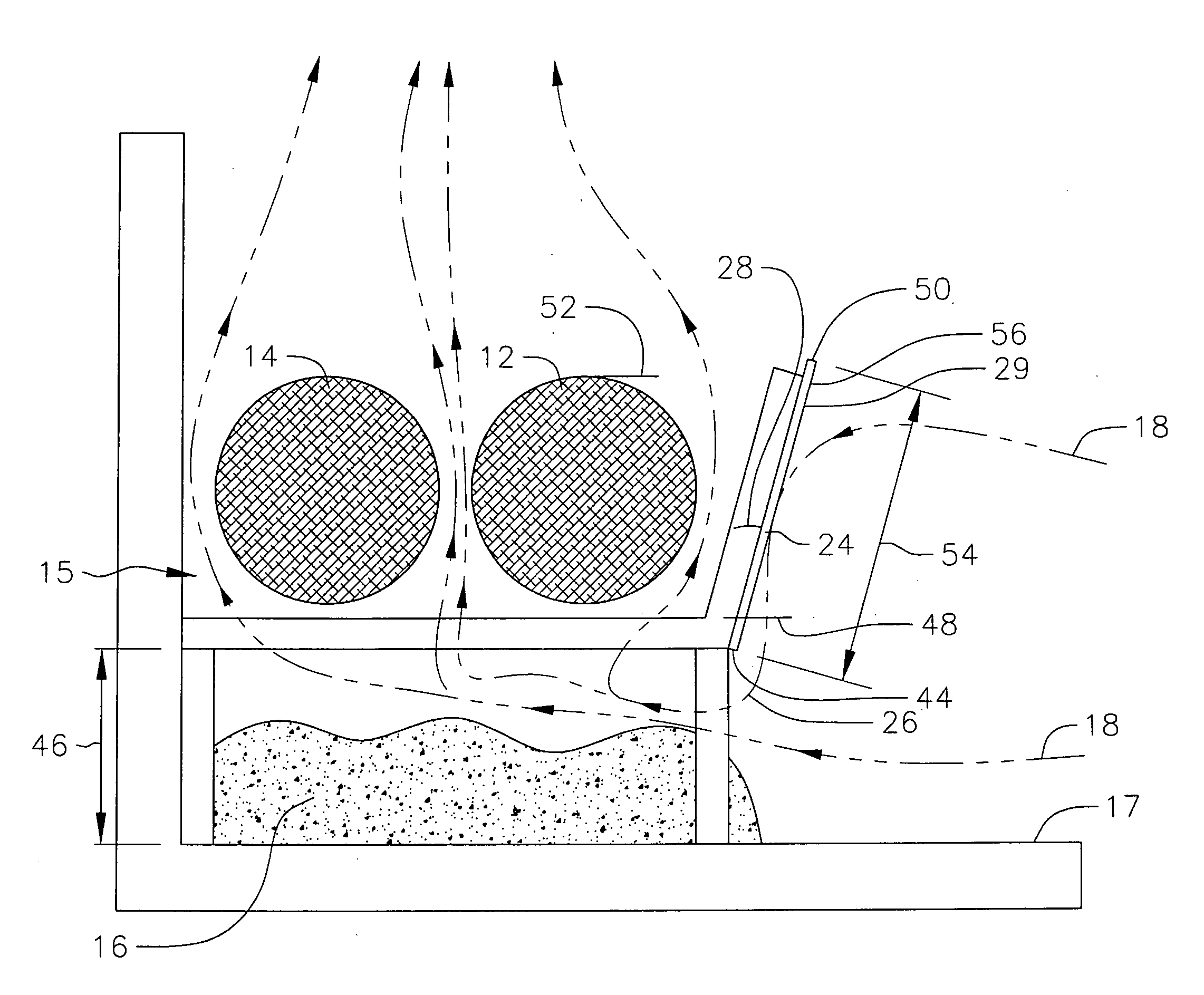 Fireplace firewood retainer assembly with air deflector, fireplace incorporating the same and method of reducing particulate emissions in a wood burning fireplace
