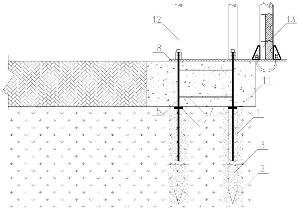 A highway guardrail and sound barrier share an integrated steel anchor pipe foundation structure and construction method