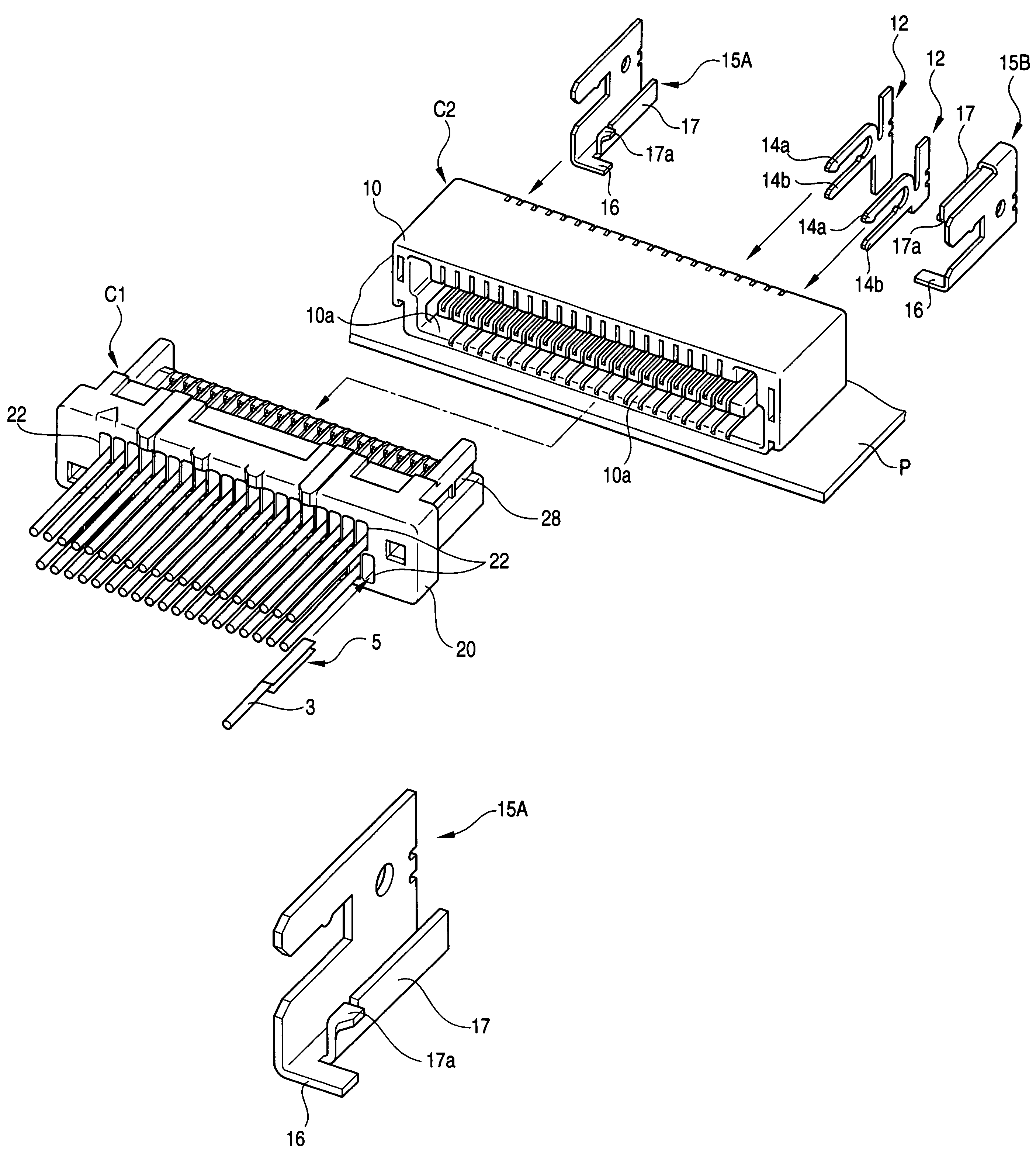 Board mounting type connector with metal fastening member