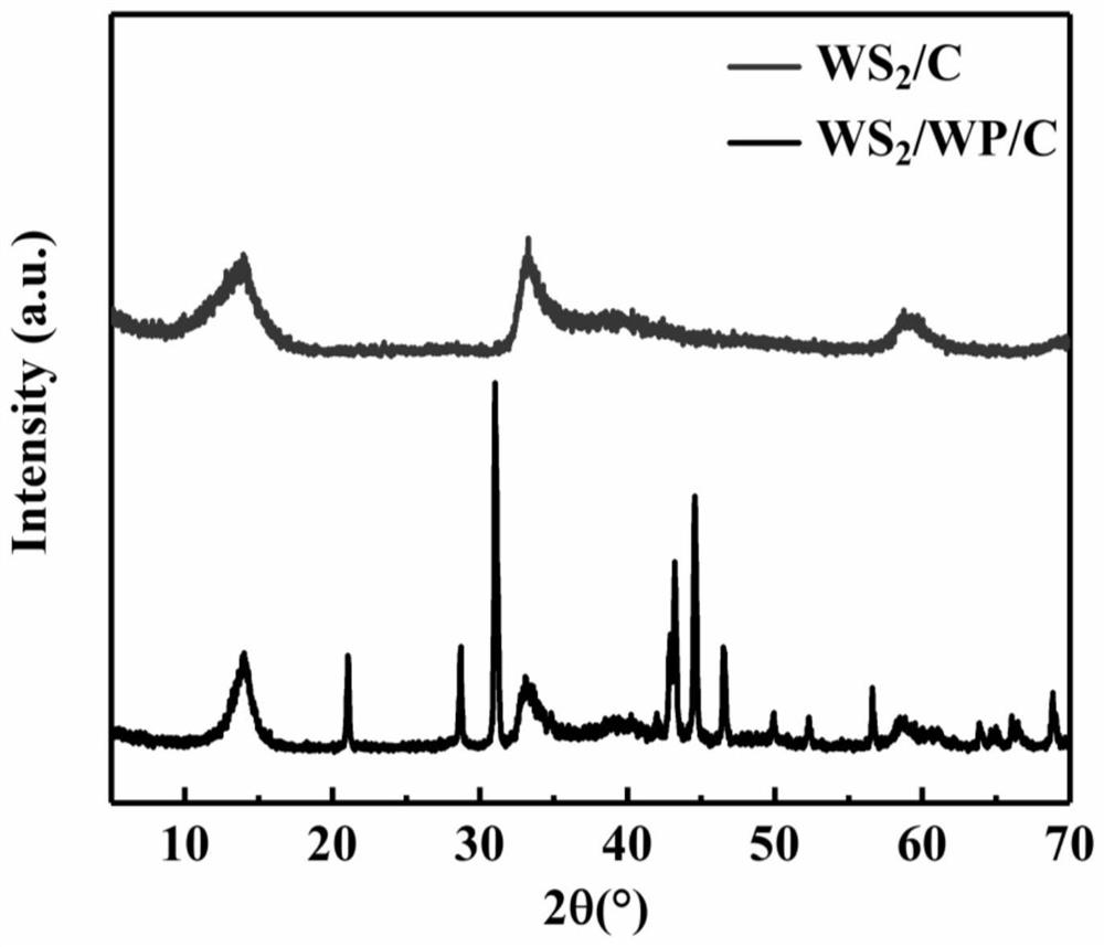 Preparation method of flaky tungsten sulfide/tungsten phosphide/carbon catalytic material