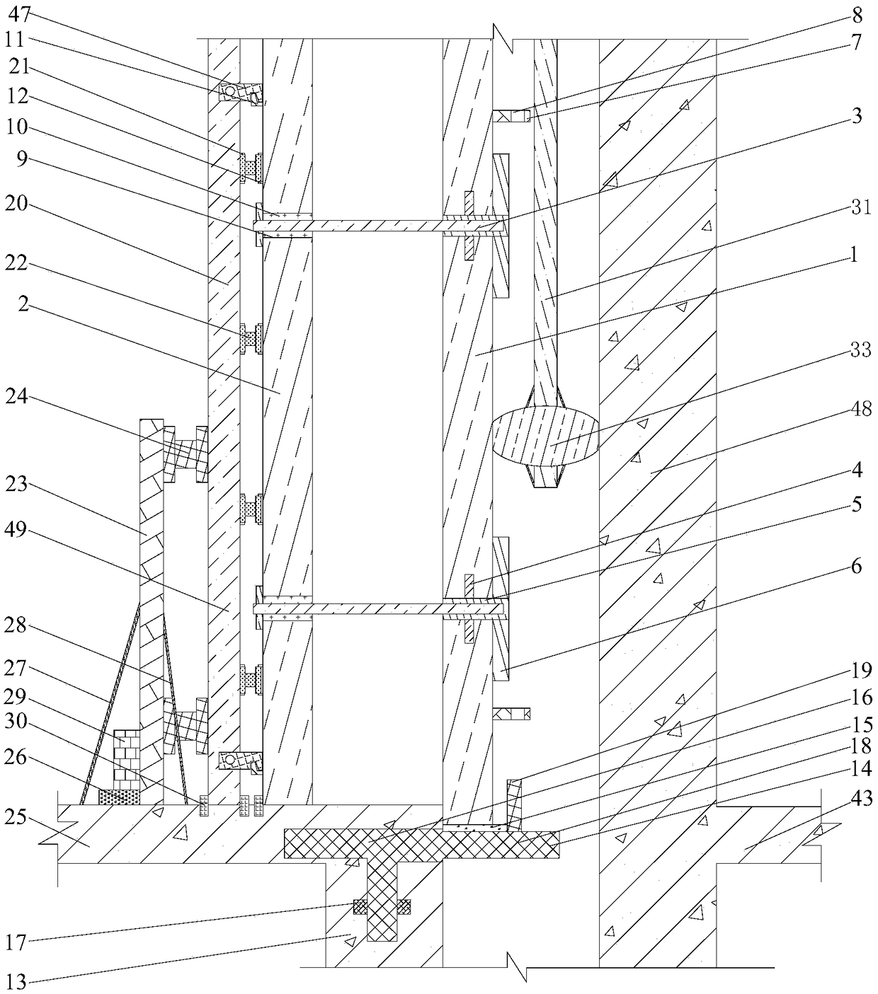 Large formwork narrow space wall body construction method based on integral assembly