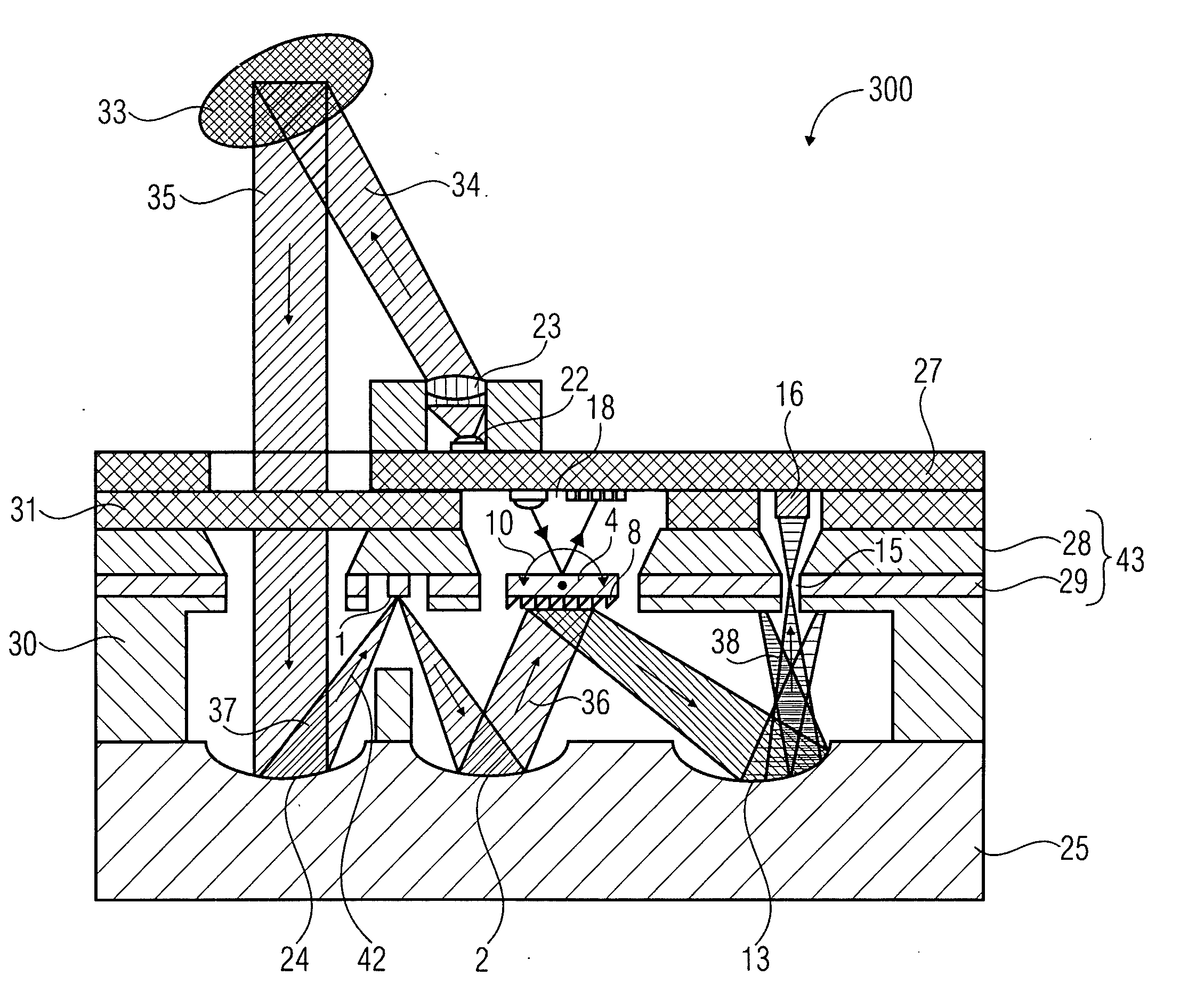Optical apparatus of a stacked design, and method of producing same