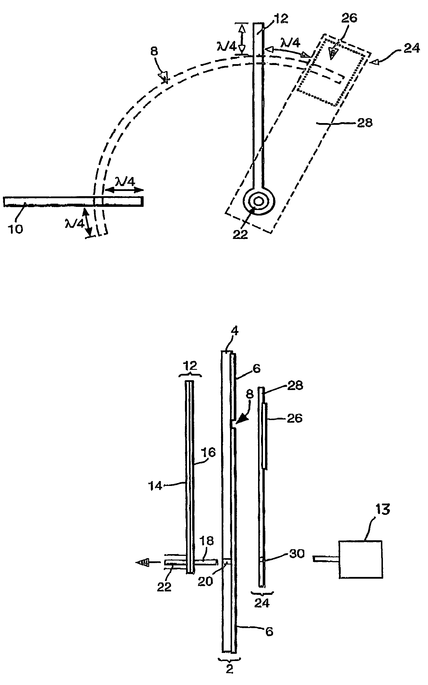 Phase shifter device having a microstrip waveguide and shorting patch movable along a slot line waveguide