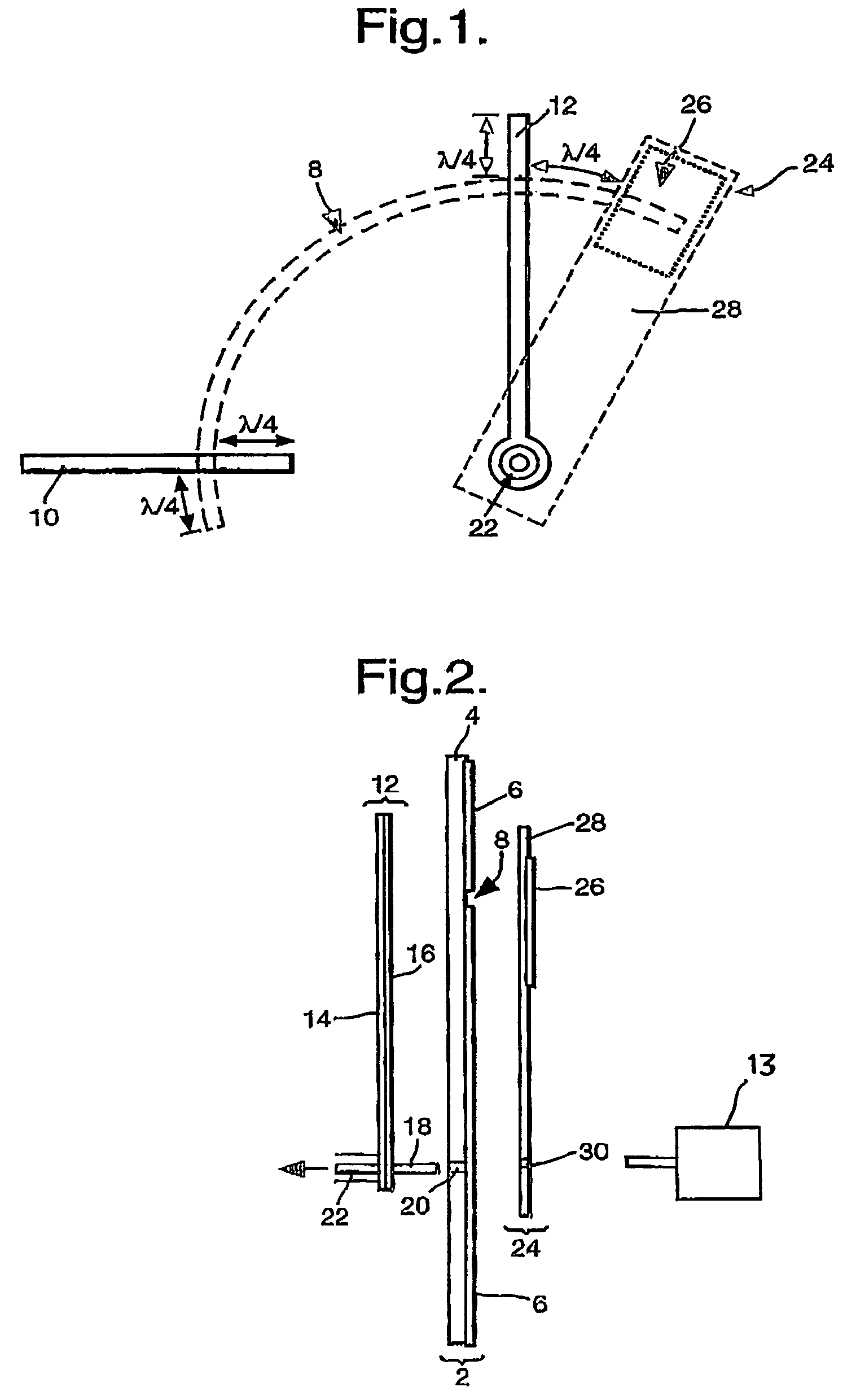 Phase shifter device having a microstrip waveguide and shorting patch movable along a slot line waveguide
