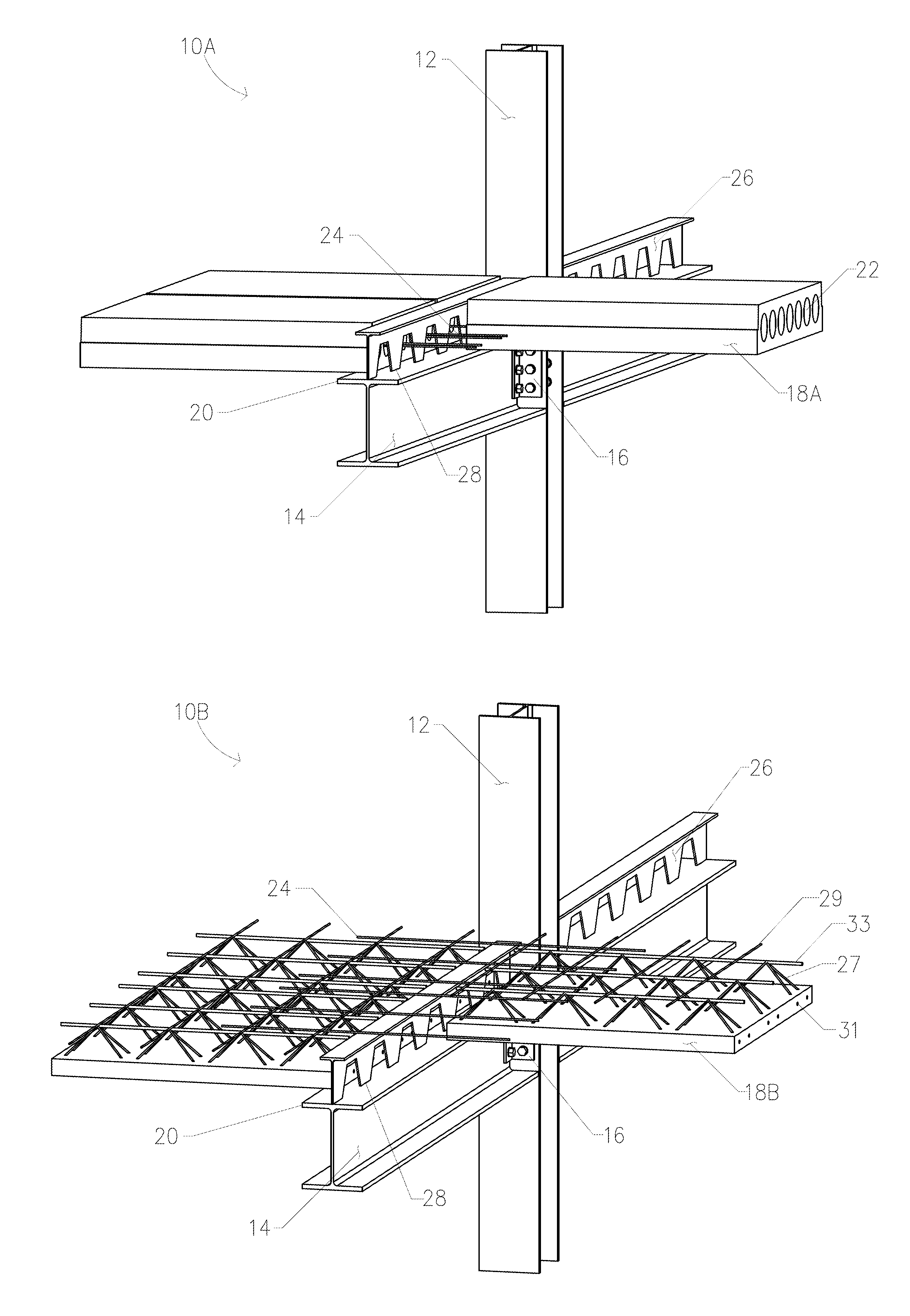 Open web composite shear connector construction